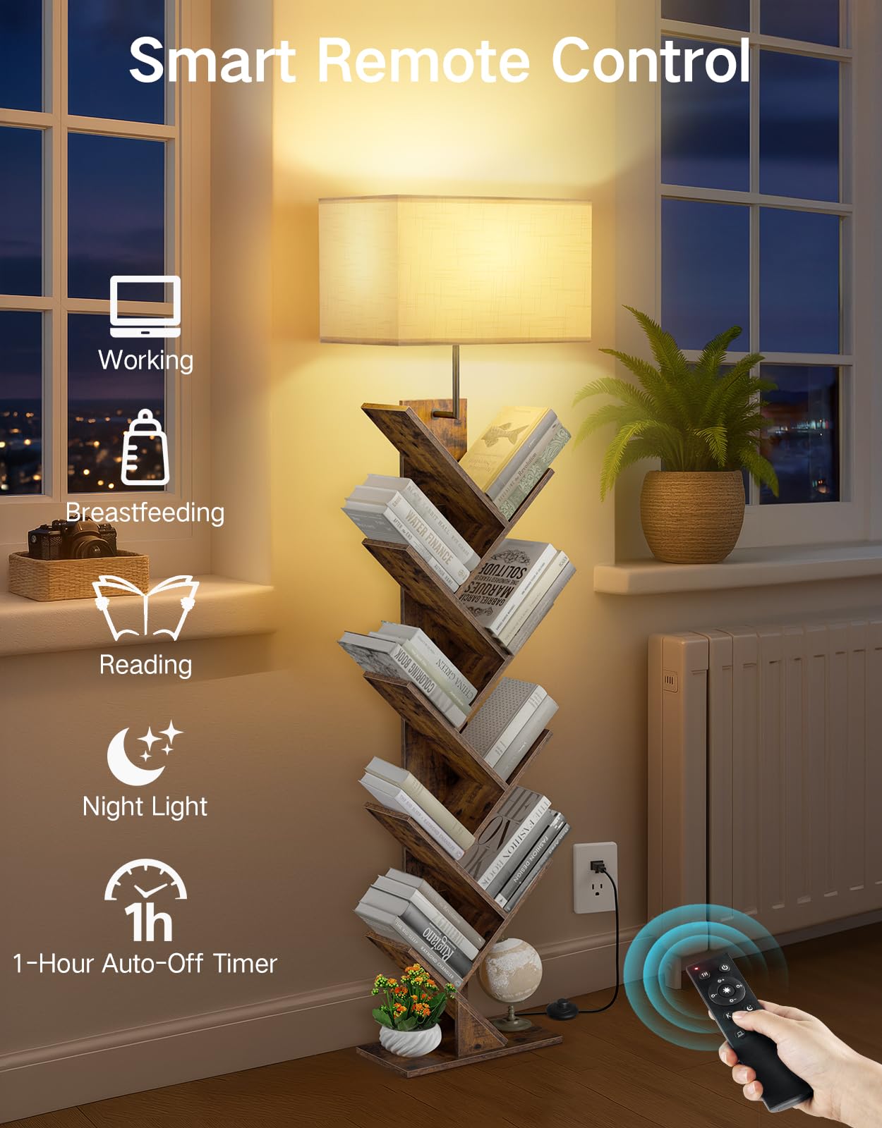 OUTONLIFE 9 Tier Tree Bookshelf, Rustic Brown Engineered Wood, 152.3cm x 17cm x 34.5cm, with Light, Remote & Timer, Modern