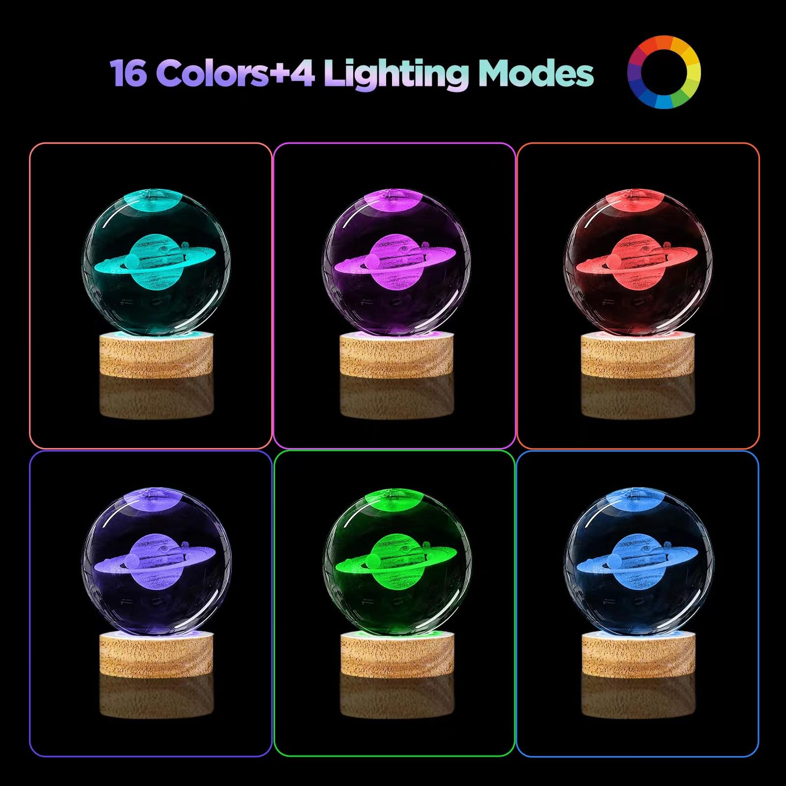 Huntalg 3D Saturn Crystal Ball Night Light Upgraded 3.15 In Saturn Planet Glass Sphere Lamps With 16 Color For Birthday Holiday,