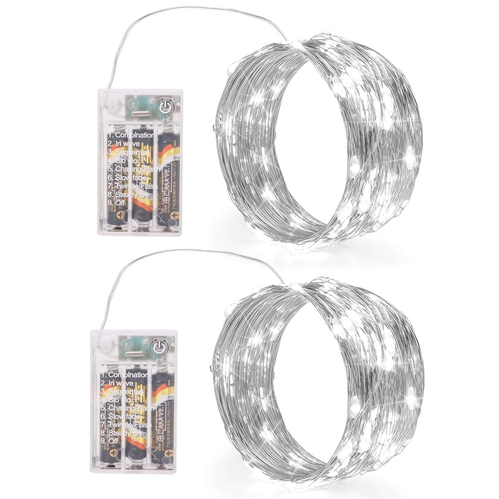 Sinamer White Fairy Lights Battery Operated (Included), 8 Modes & Auto Timer, 2 Packs 5M 50Led Mini Twinkle Silver Wire Firefly Starry Lights, Waterproof Battery Operated Lights For Wedding Parties