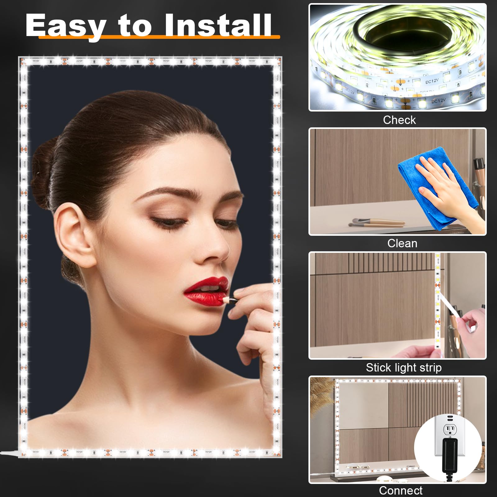 PANGTON VILLA LED Vanity Mirror Lights Kit, 13FT Flexible Light Strip, 6000K Daylight White, Dimmer Included, PCB Material