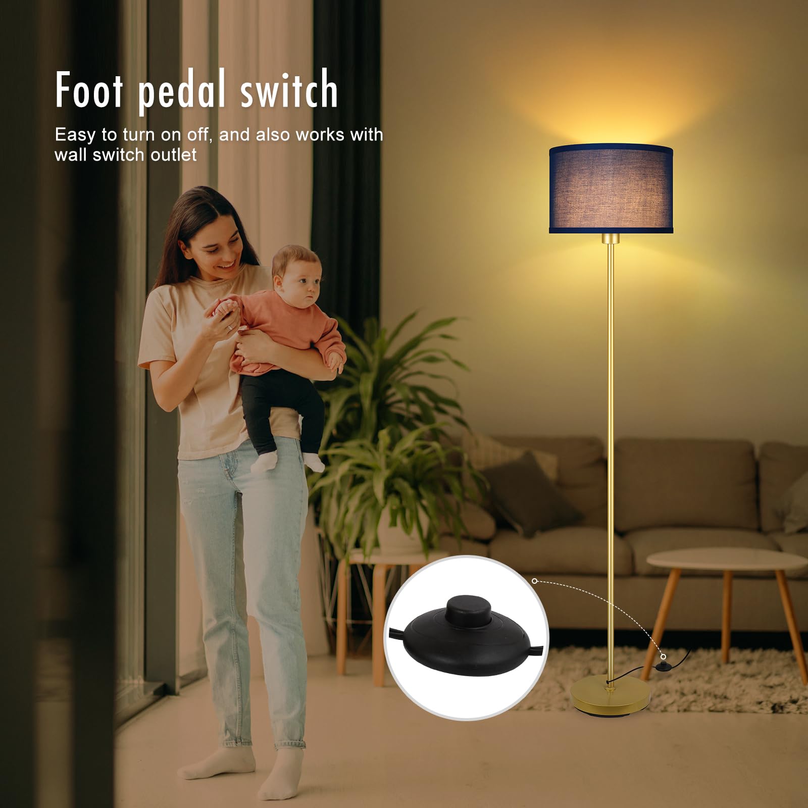 BoostArea 58" Floor Lamp - Modern Gold & Blue Standing Lamp with Foot Pedal Switch, Metal Shade for Living Room/Bedroom, Model B1135