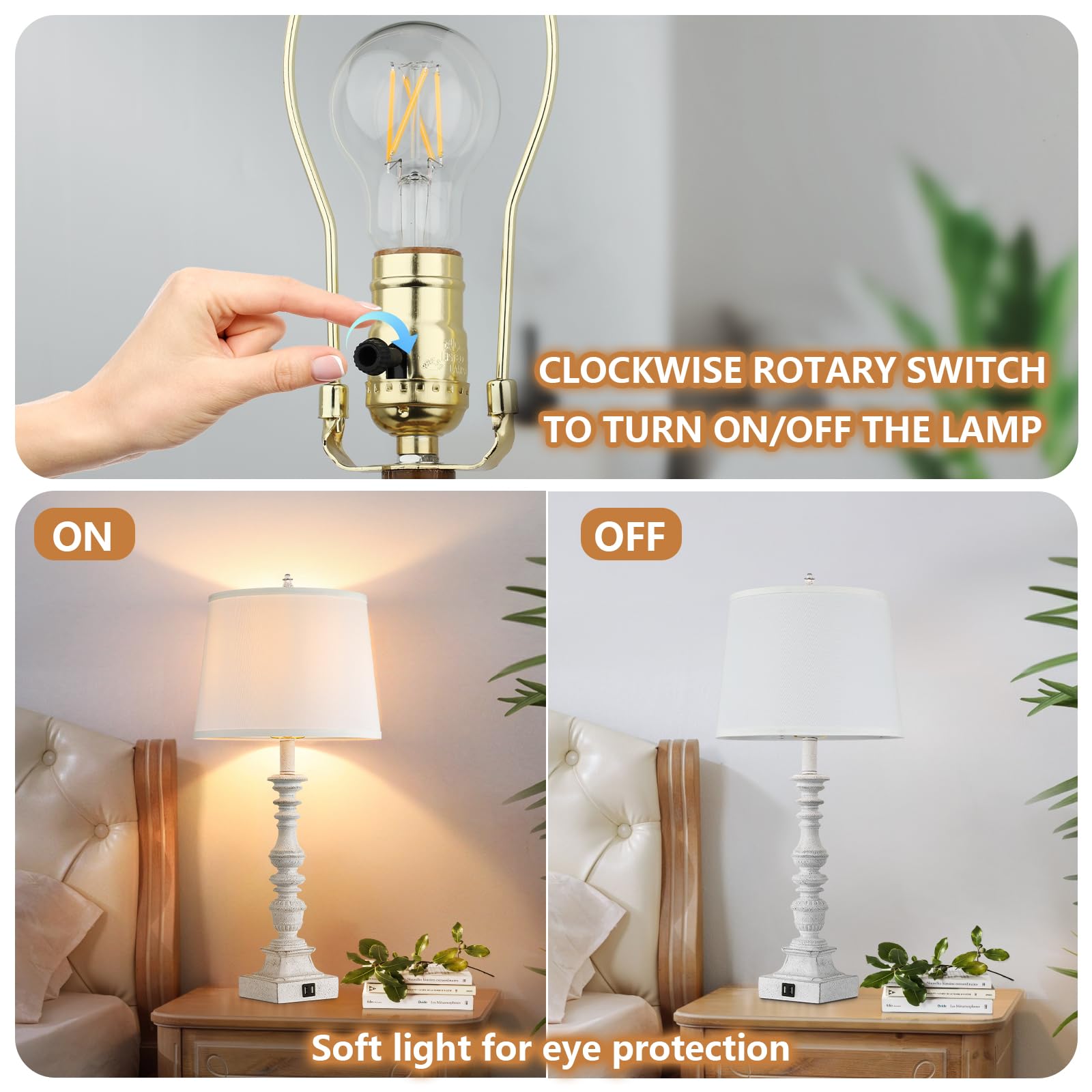 Gobright 27.5&quot; Farmhouse Table Lamps Set Of 2, Rustic Usb Charging Bedside Lamps, Cream White