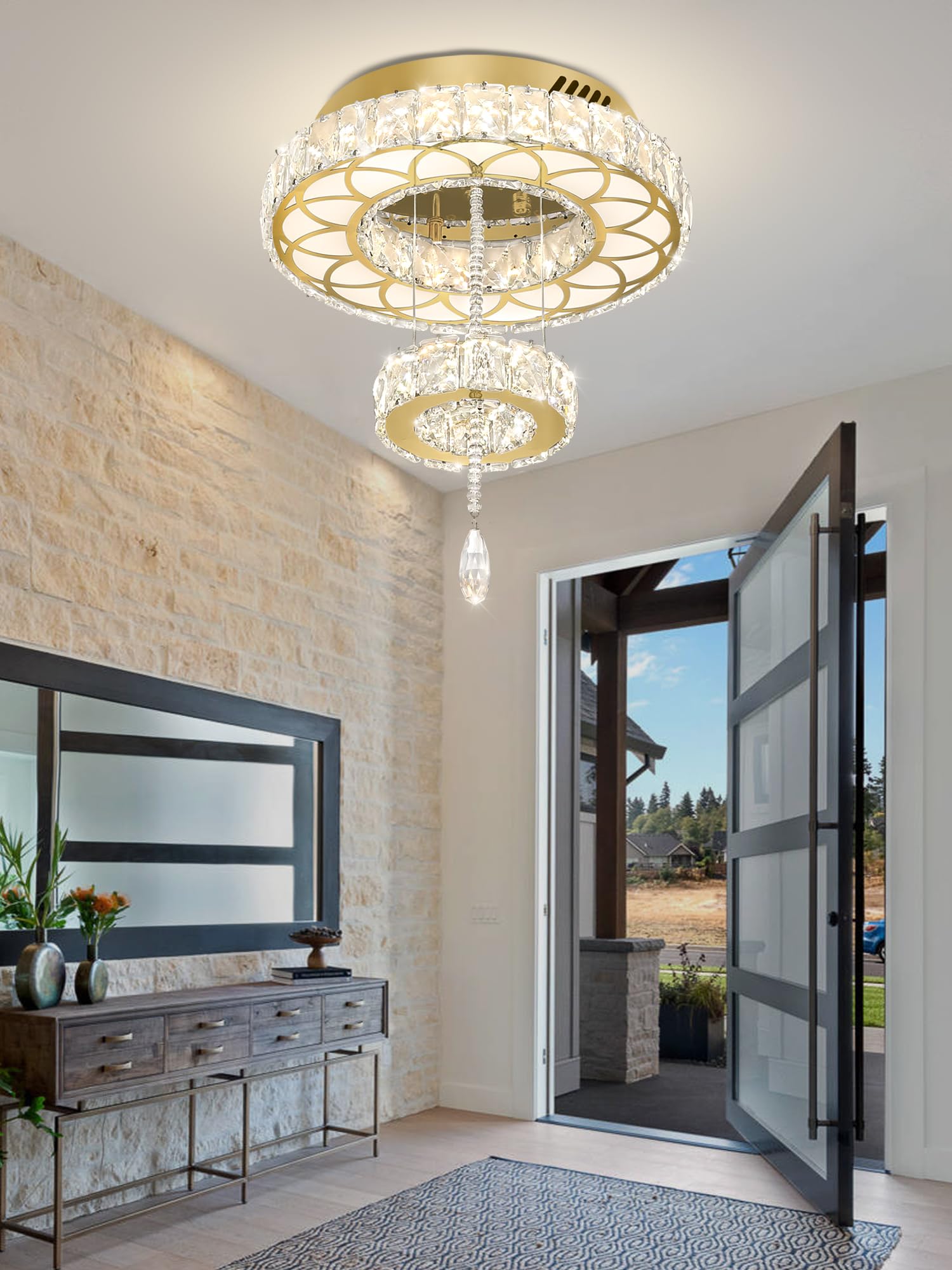Flashing God Dia 12'' Crystal Mini Chandelier Crystal Gold Ceiling Light Fixtures Led Flush Mount Ceiling Light For Living Room
