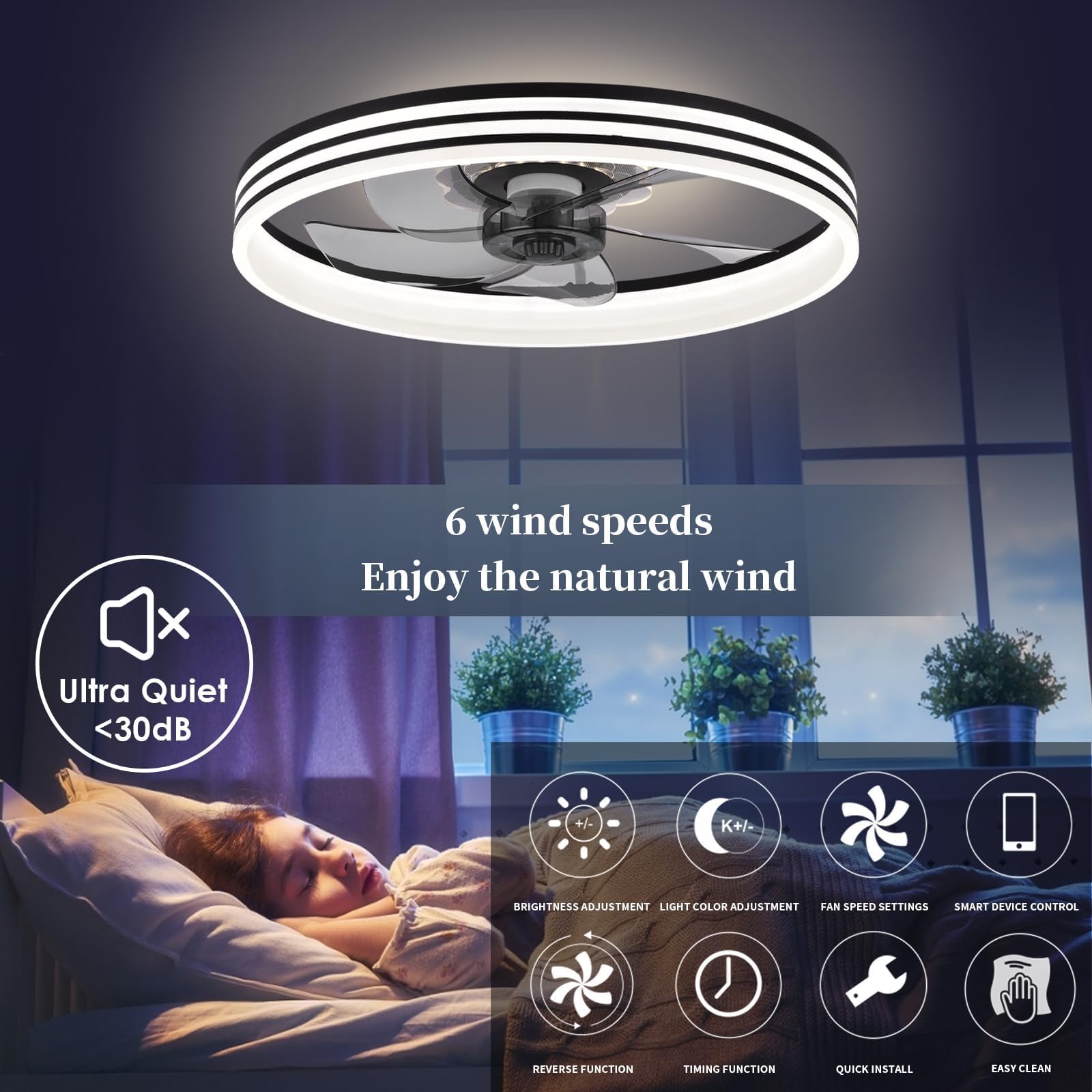 Fszdorj 20? Ceiling Fans With Lights, Low Profile Ceiling Fan With Light, Flush Mount Ceiling Fan With Light, 6 Speeds, Dimmable