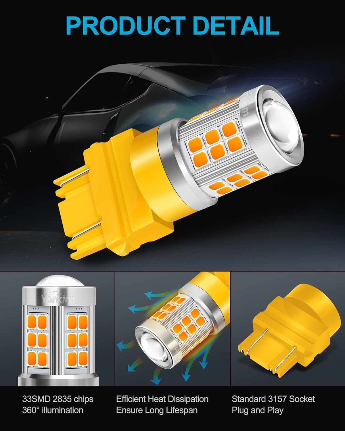 Yorkim 3157 LED Bulb, Amber Yellow, Turn Signal & Side Marker Lights, Pack of 4