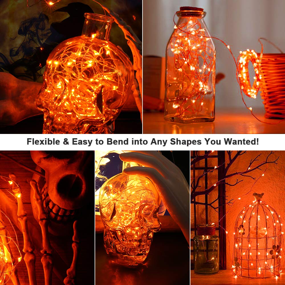 BrizLabs Orange Halloween Lights, 60 LED Fairy Lights, 19.47ft, Battery Operated, Indoor, Silver Wire, 2 Pack