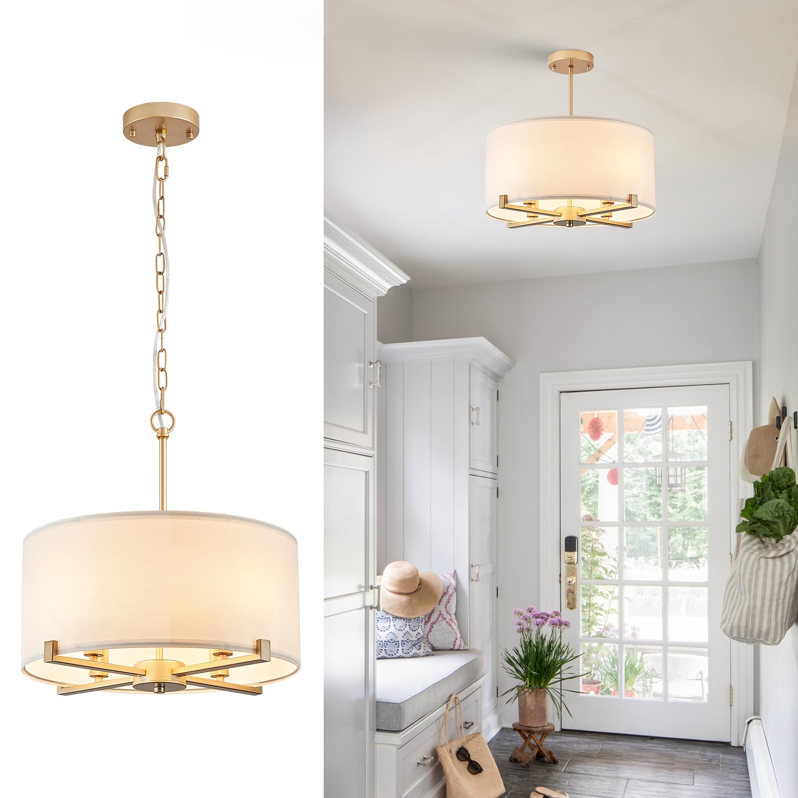 Catiner Modern Drum Chandelier 18    White And Gold Pendant Light Fixture Round Fabric Shade 4 Lights Semi Flush Mount Hanging C