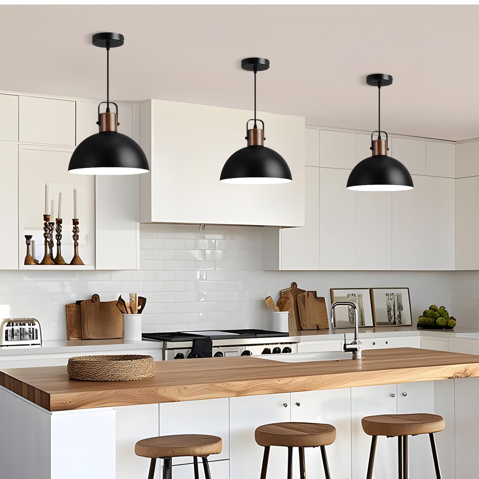 Eustace 11.8'' Wood And Metal Black Pendant Light Fixtures, Modern Farmhouse Pendant Lamp, Industrial Dome Hanging Lights For Ki