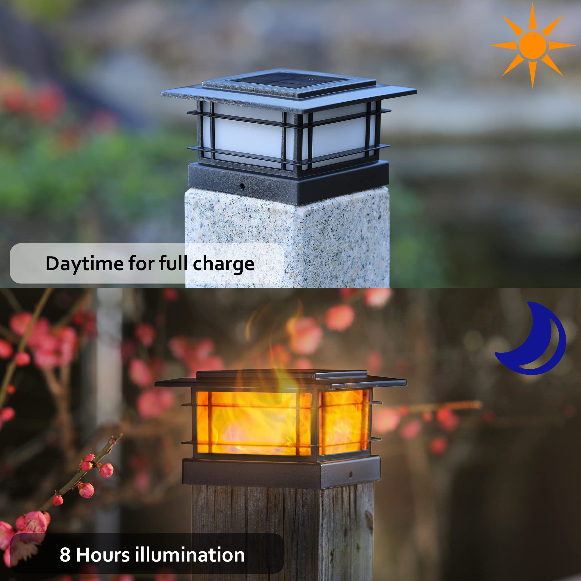 Dynaming 8 Pack Solar Flame Post Lights - Black Flickering LED Cap Lights for 4x4, 5x5, 6x6 Vinyl/Wooden Posts, Outdoor Garden Decor