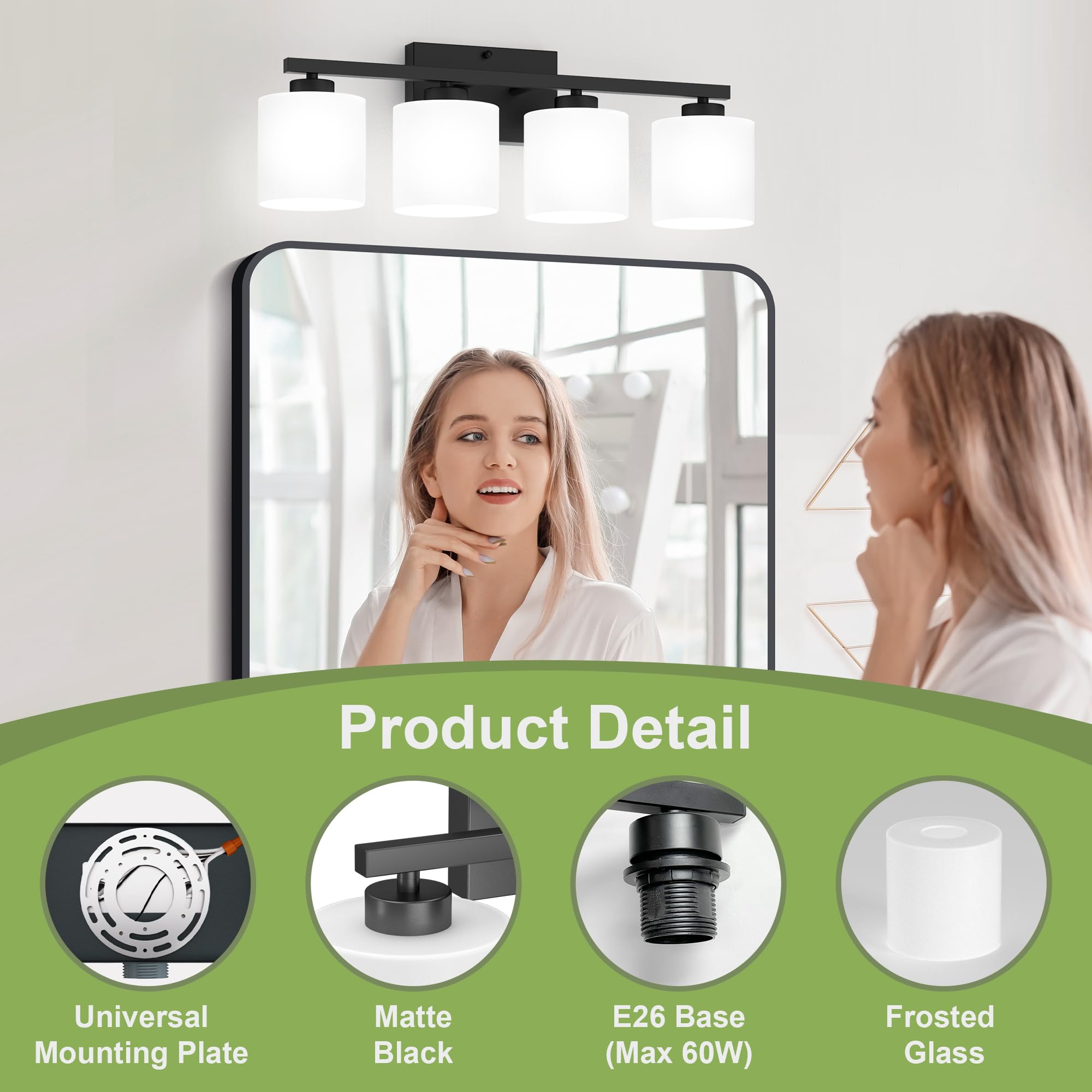 Honesorn 4-Light Bathroom Vanity Light Fixture, Matte Black, Frosted Glass Shade, Model TK-JQD-MS-B-4, Anti-Rust Nickel Finish