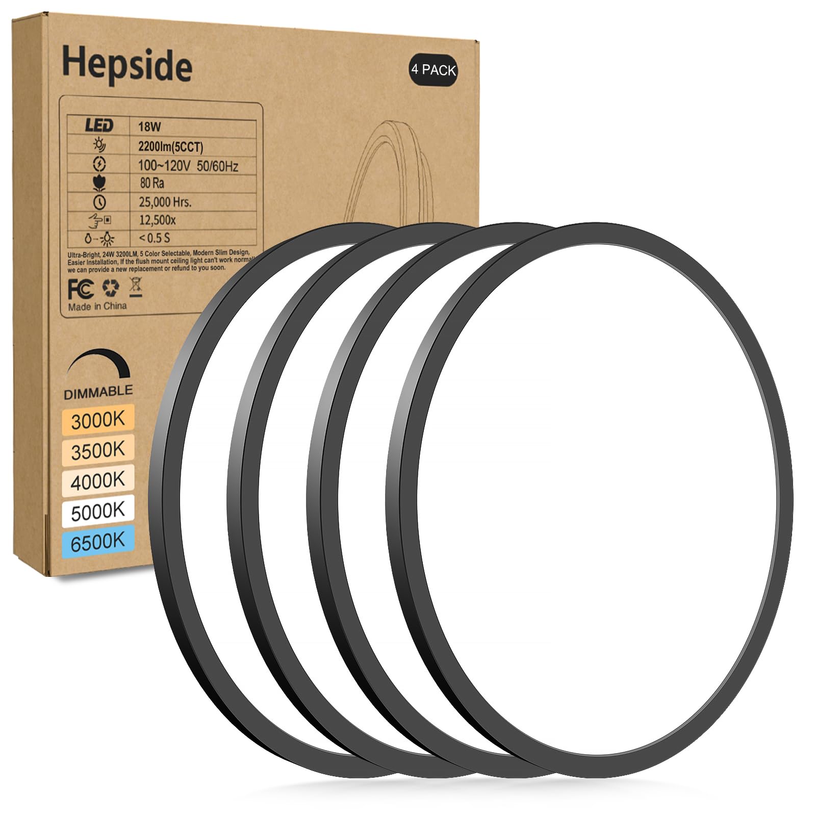 hepside 4Pack LED Flush Mount Ceiling Light Fixture  9Inch 18W  Dimmable&3000K/3500K/4000K/5000K/6500K Adjustable Low Profile Ceiling Lights  Round Flat Ceiling Light for Closet Kitchen Hallway-Black