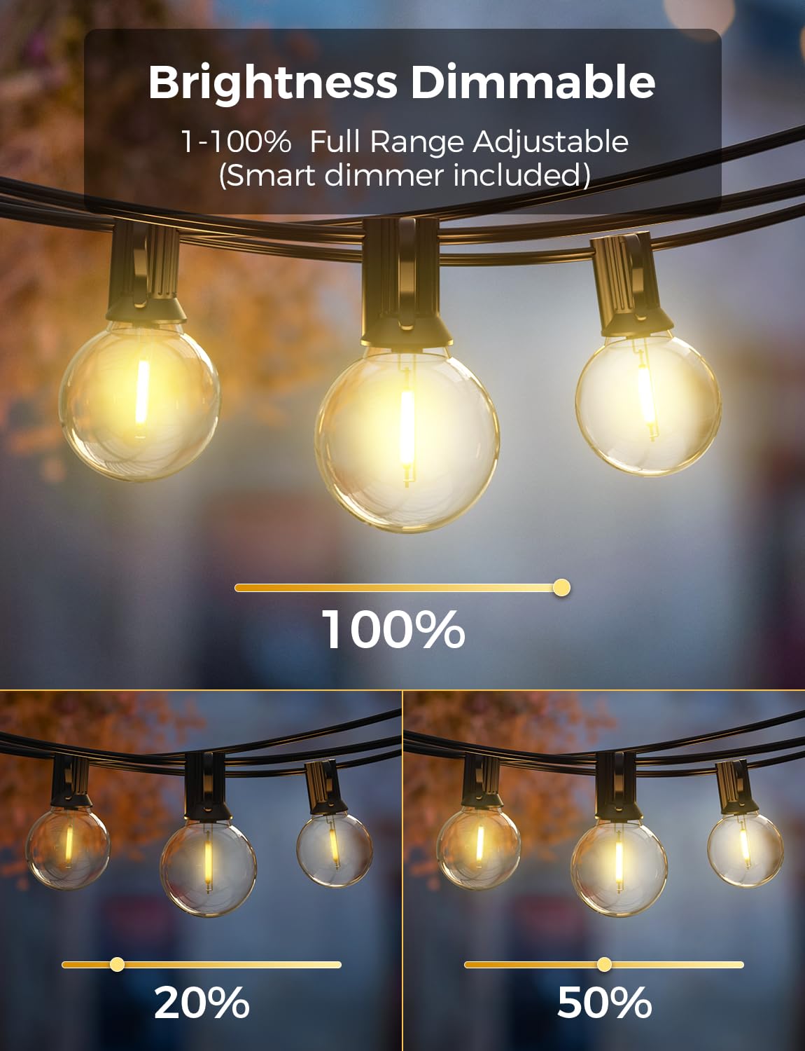XMCOSY+ Smart Outdoor String Lights, 75Ft, 34 Dimmable LED Bulbs, WiFi & APP Control, Waterproof, White, Model IL-120V-60W