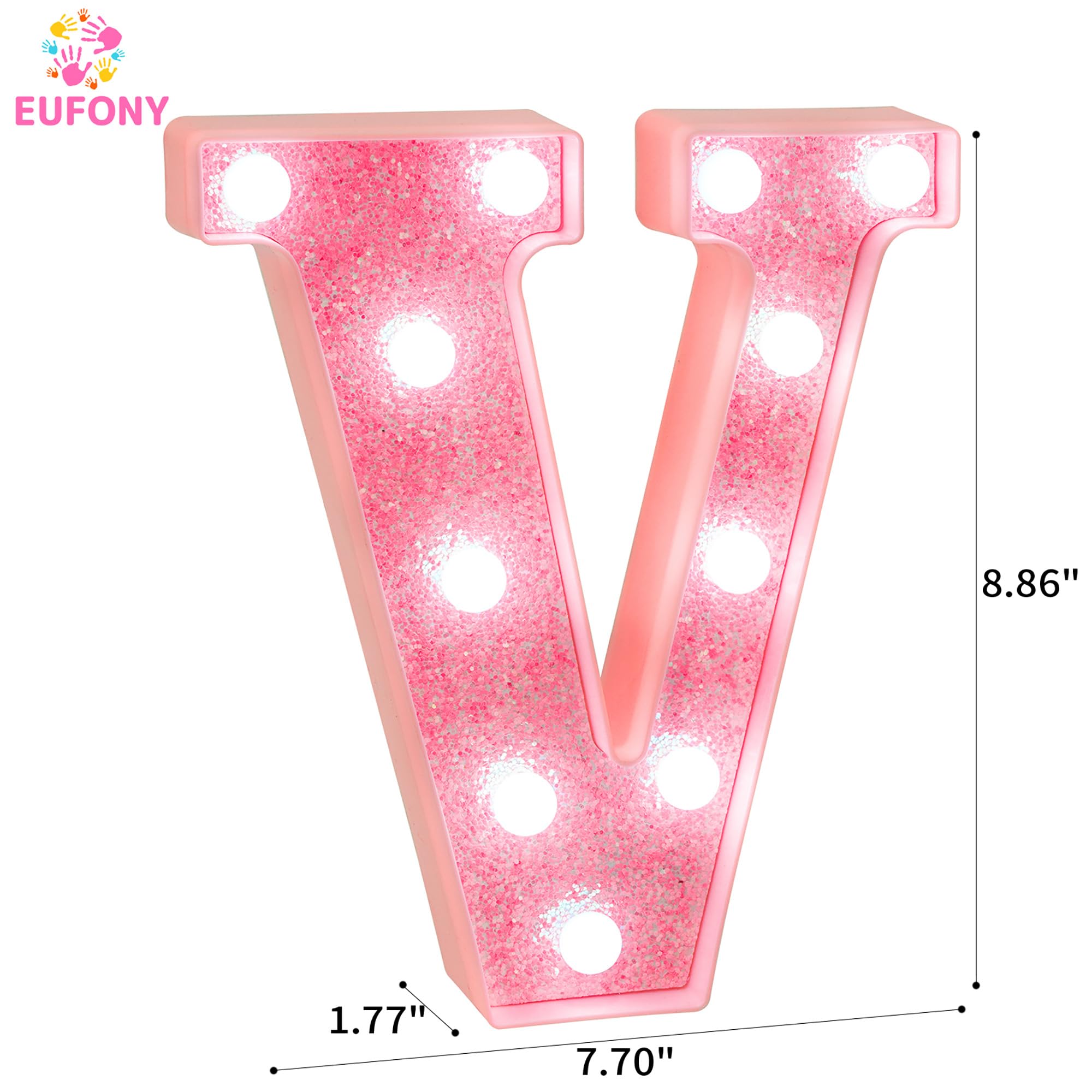 EUFONY Pink Glitter LED Marquee Light Up Letter V with Cool White Lights, Battery-Powered Alphabet Letter Sign for Girls Gift, B