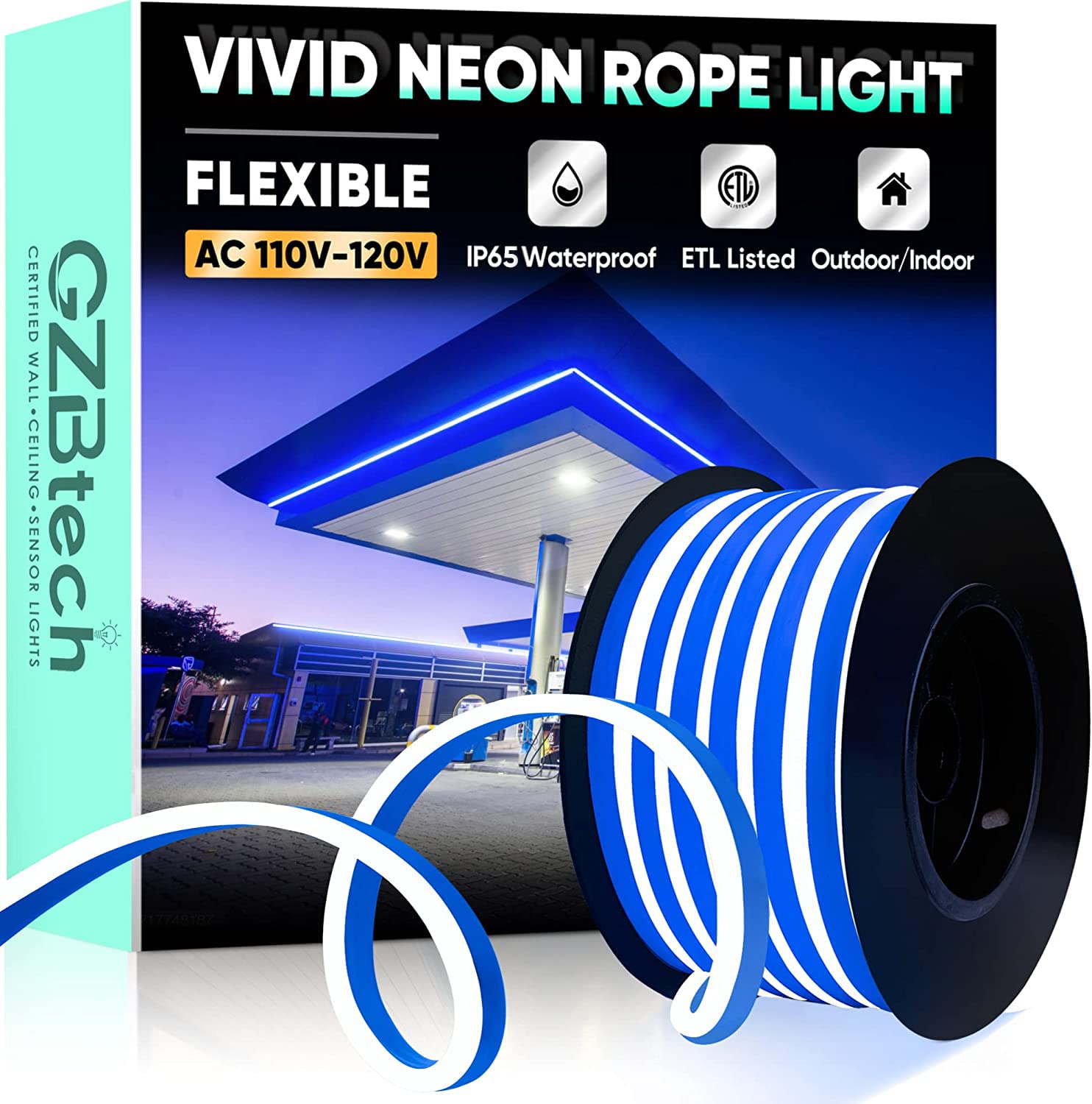 Gzbtech Flexible Led Neon Rope Lights 33Ft Ac 110-120V Waterproof Strip Light  120 Leds/M Cuttable Connectable Neon Lighting For Indoor Outdoor Home Decor/Commercial Building Use-Blue 10M
