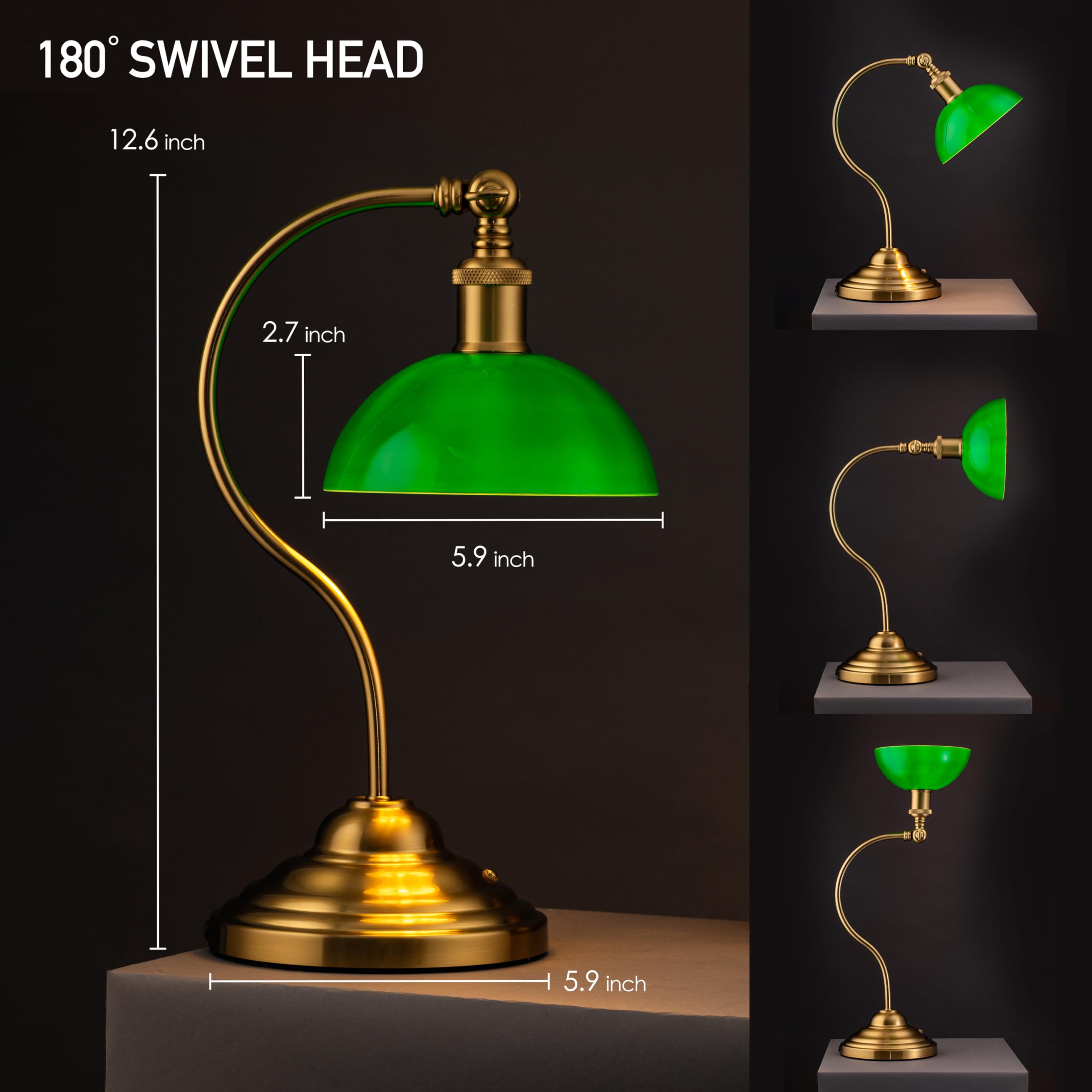 O'Bright Cordless LED Table Lamp - Rechargeable, 3-Level Dimming, Antique Brass with Green Glass Shade, Model OB-TL23B
