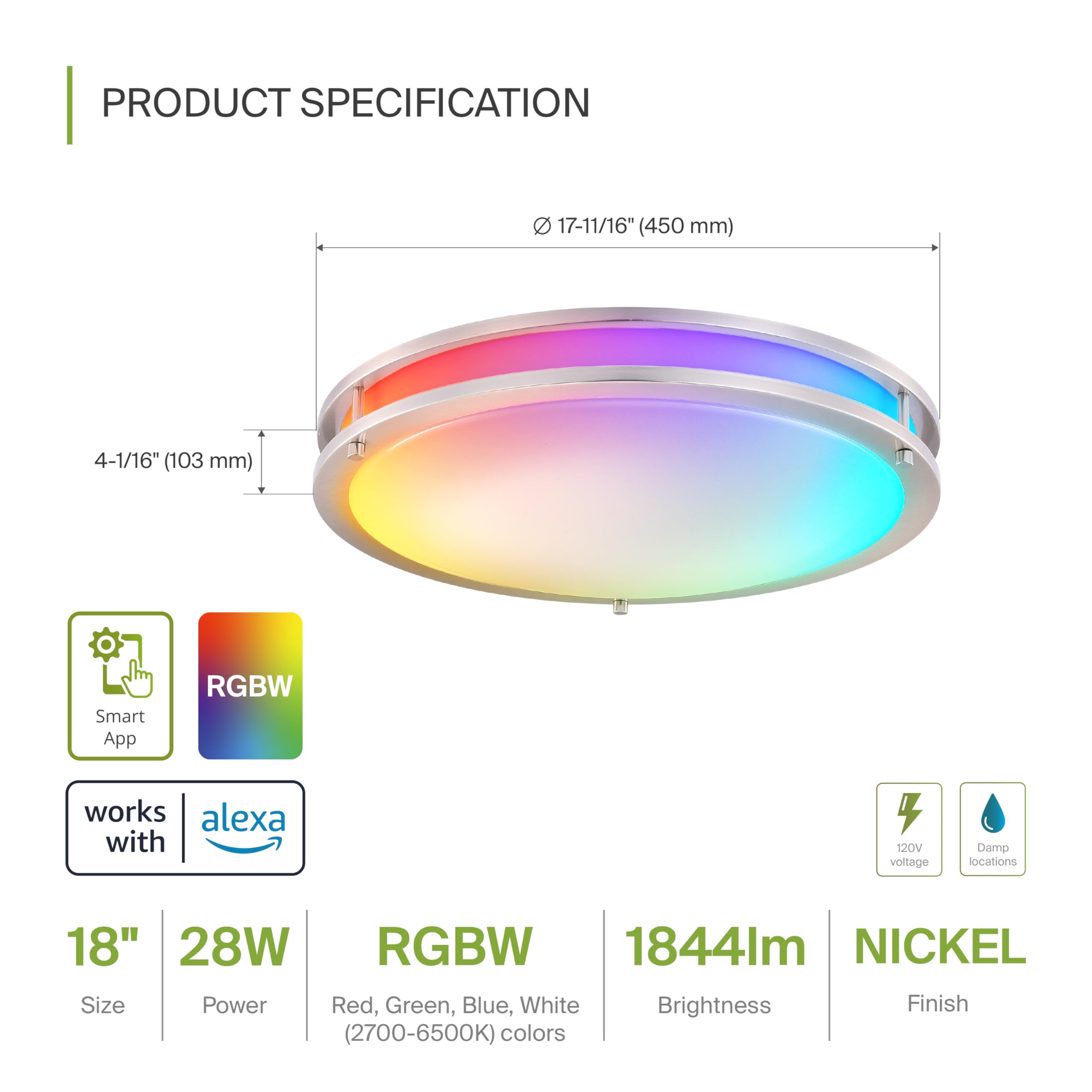 Asd Led 18 Inch Round Flush Mount Light Fixture | 28W 1850Lm Rgb-2700K-6500K 120V | Smart, Multicolor, Dimmable, Etl Listed | Cl
