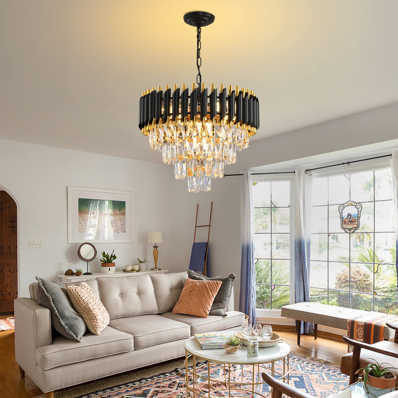 Gold Modern Crystal Chandeliers 4-Tier K9 Round Black And Gold Crystal Chandelier Light Fixture 7 Lights Hanging Pendant Ceiling