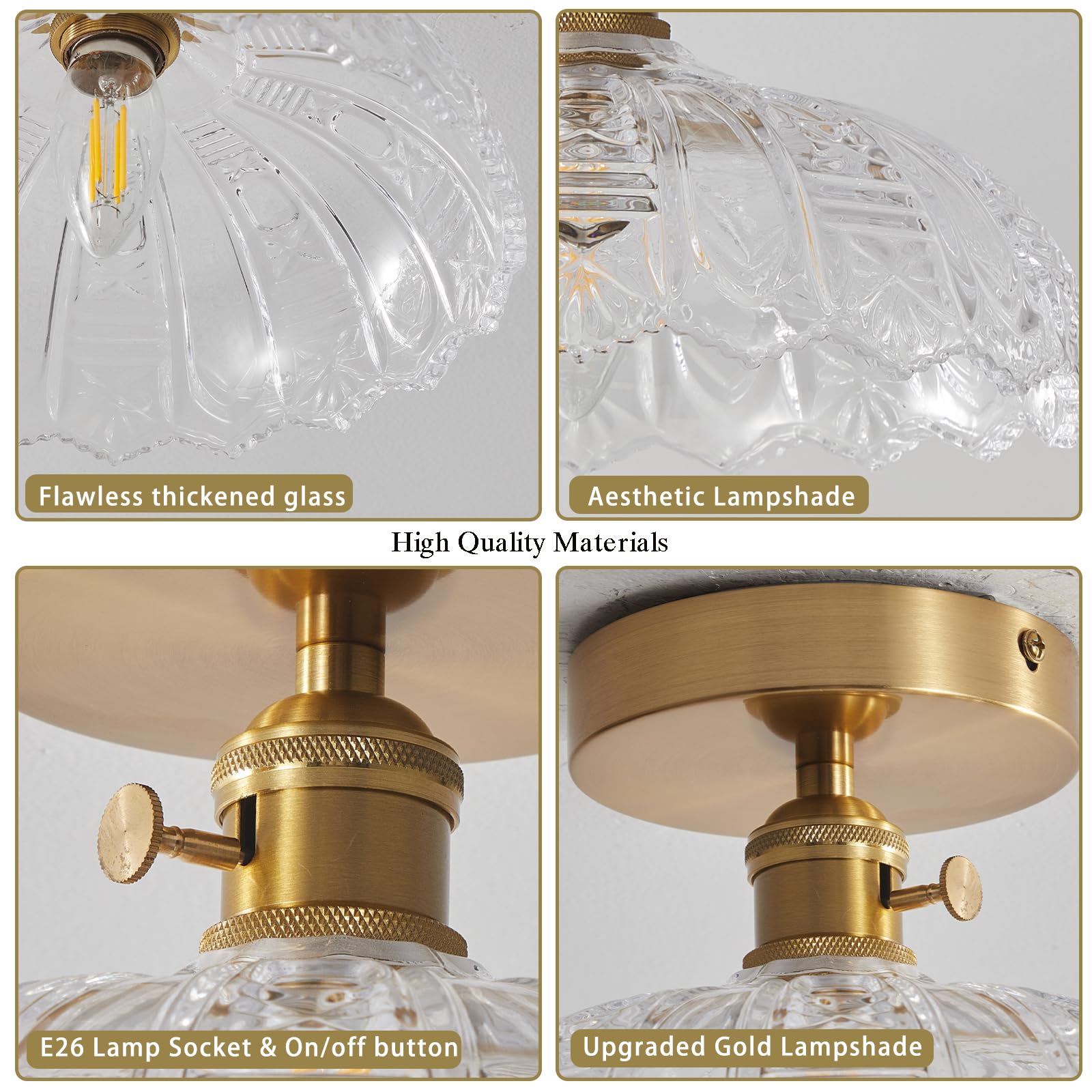 Bcgmyln Semi Flush Mount Ceiling Light, Gold Vintage Hallway Light Fixture With Clear Water Lily Glass Lampshade Brass Modern Ce