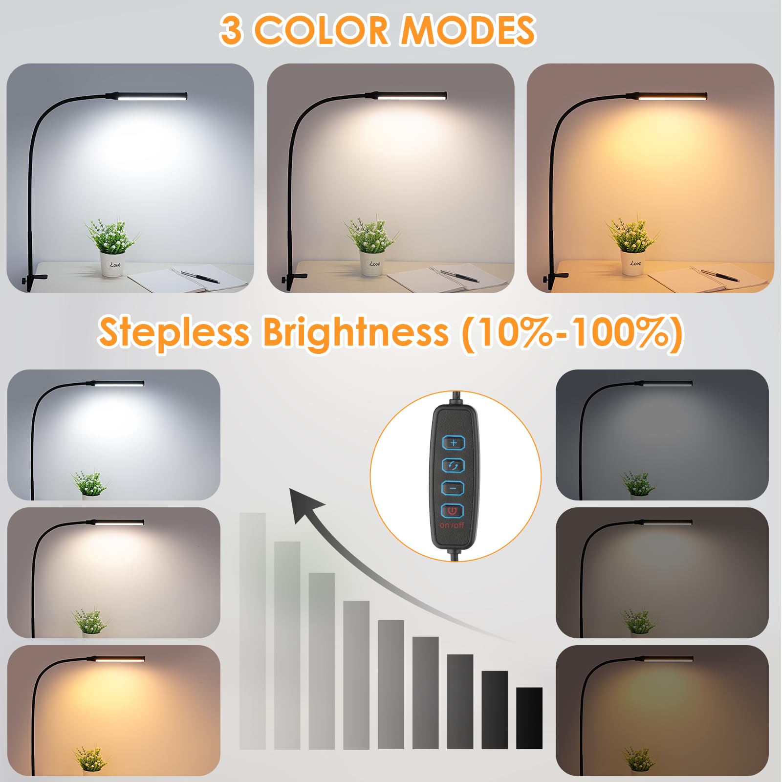 Shinetech Led Desk Lamp With Clamp, Eye-Caring Clip Lights For Home Office, 3 Colors Full Brightness, Flexible Gooseneck Usb Ada