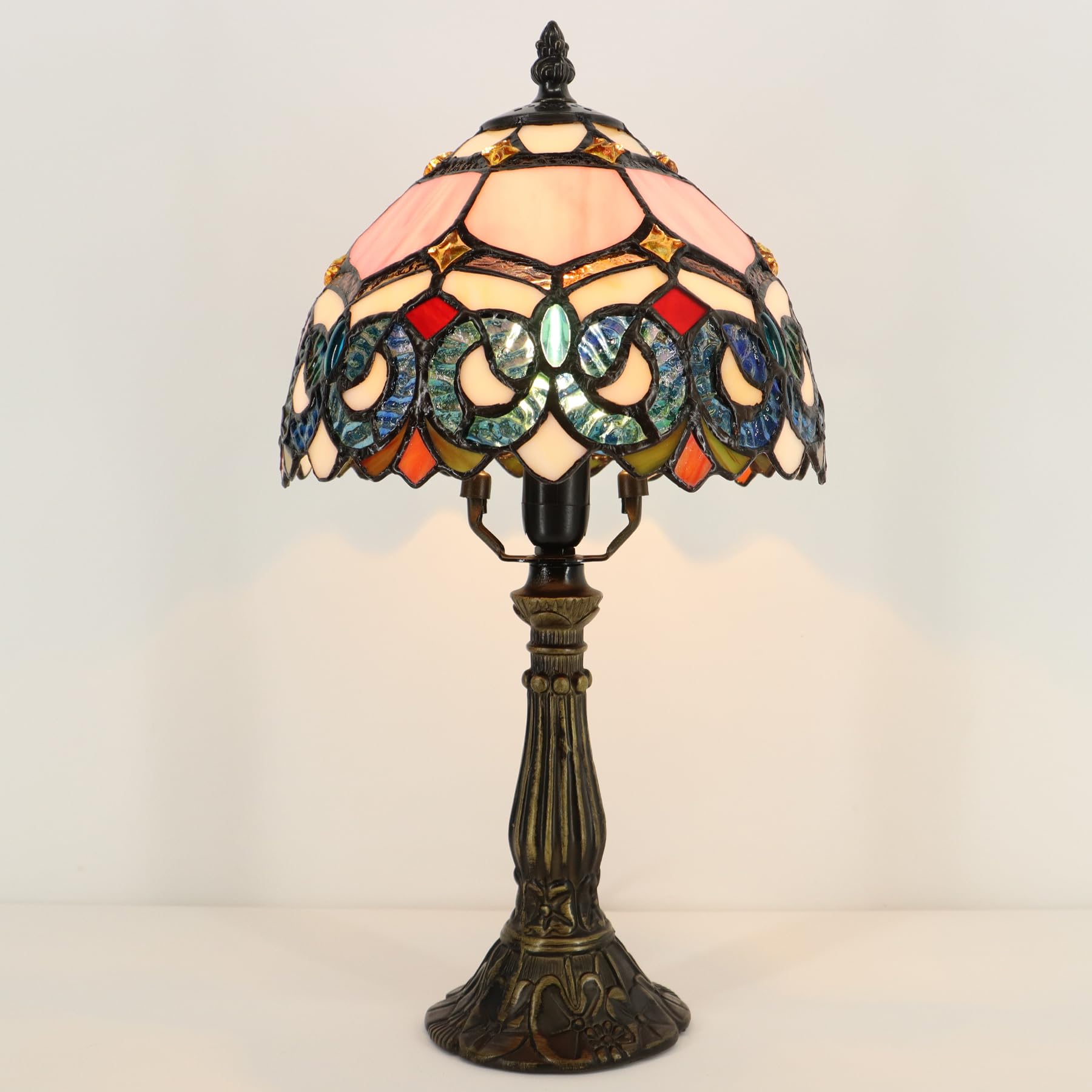 Lxhcyou Small Tiffany Lamp Mini Accent Table Lamp Pink Stained Glass Desk Memory Lamp Sympathy 8X14.5 Inch (Pink Baroque Style)