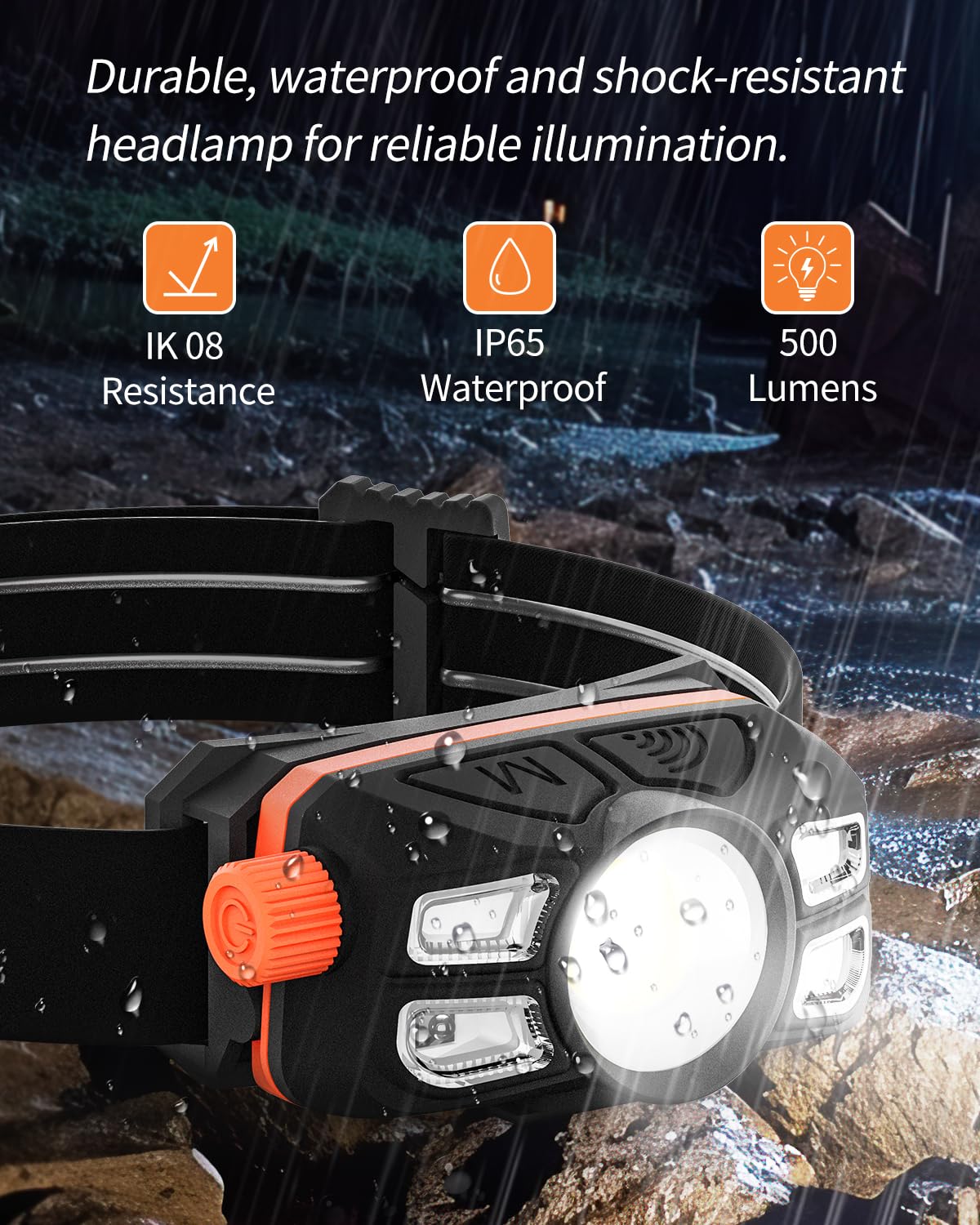 Anylight LED Headlamp - Rechargeable, IP65 Waterproof, Stepless Dimming, Motion Sensor, 2 Packs, Black & Orange, Model JF300802