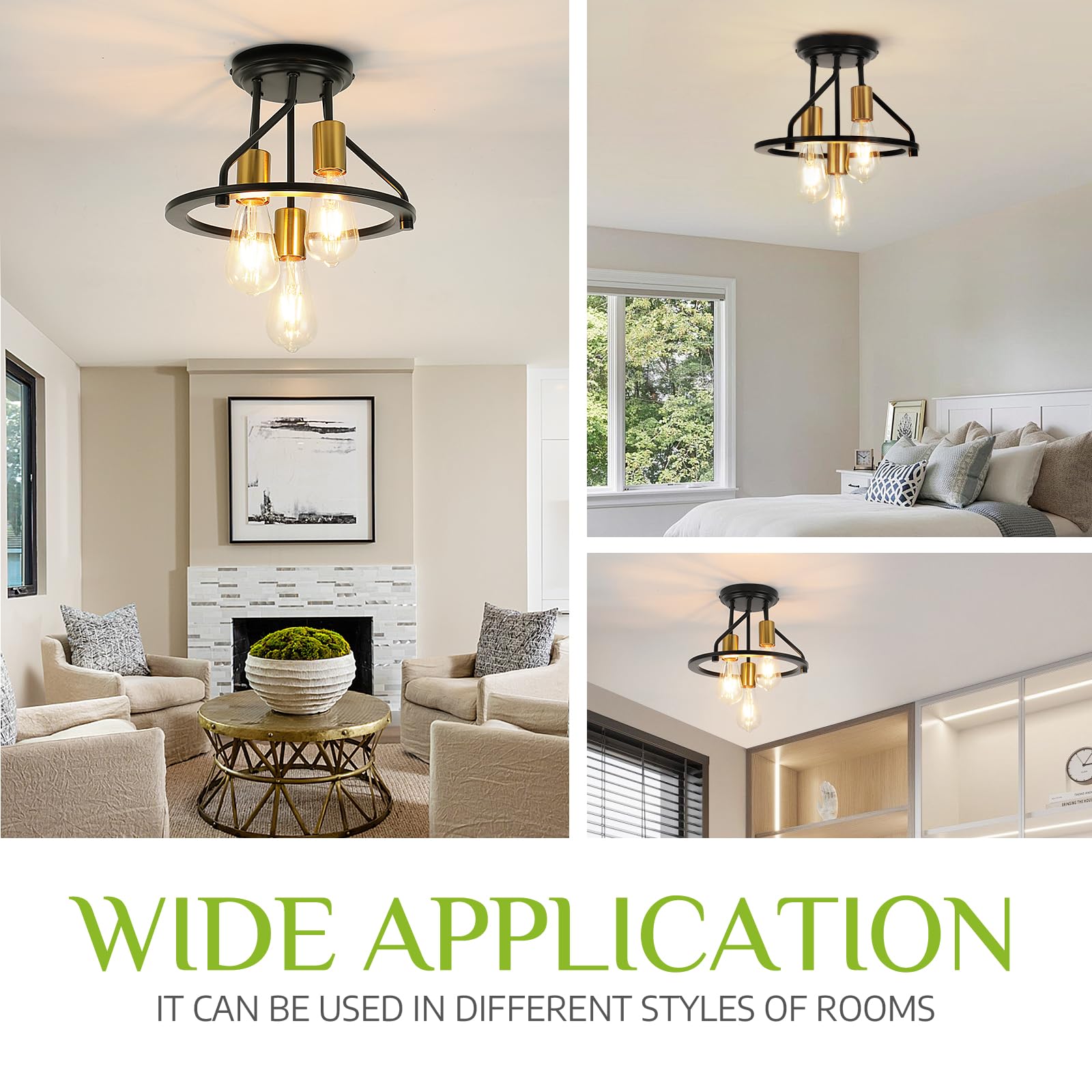 Wilon Semi Flush Mount Ceiling Light 3-Light Ceiling Light Fixtures - Industrial Hallway Light Fixtures Black Gold Farmhouse Kitchen Light E26 Socket Ceiling Lamp For Hallway Kitchen Foyer