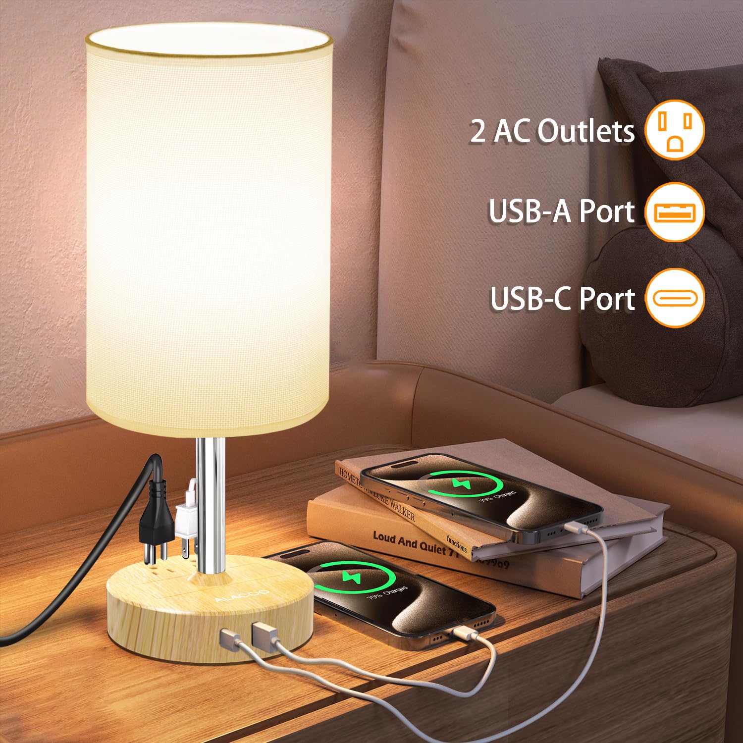 Alacoo Bedside Table Lamp For Bedroom, Touch Desk Lamps For Nightstand With Usb Charging Station 3 Way Dimmer Light With (1000W)