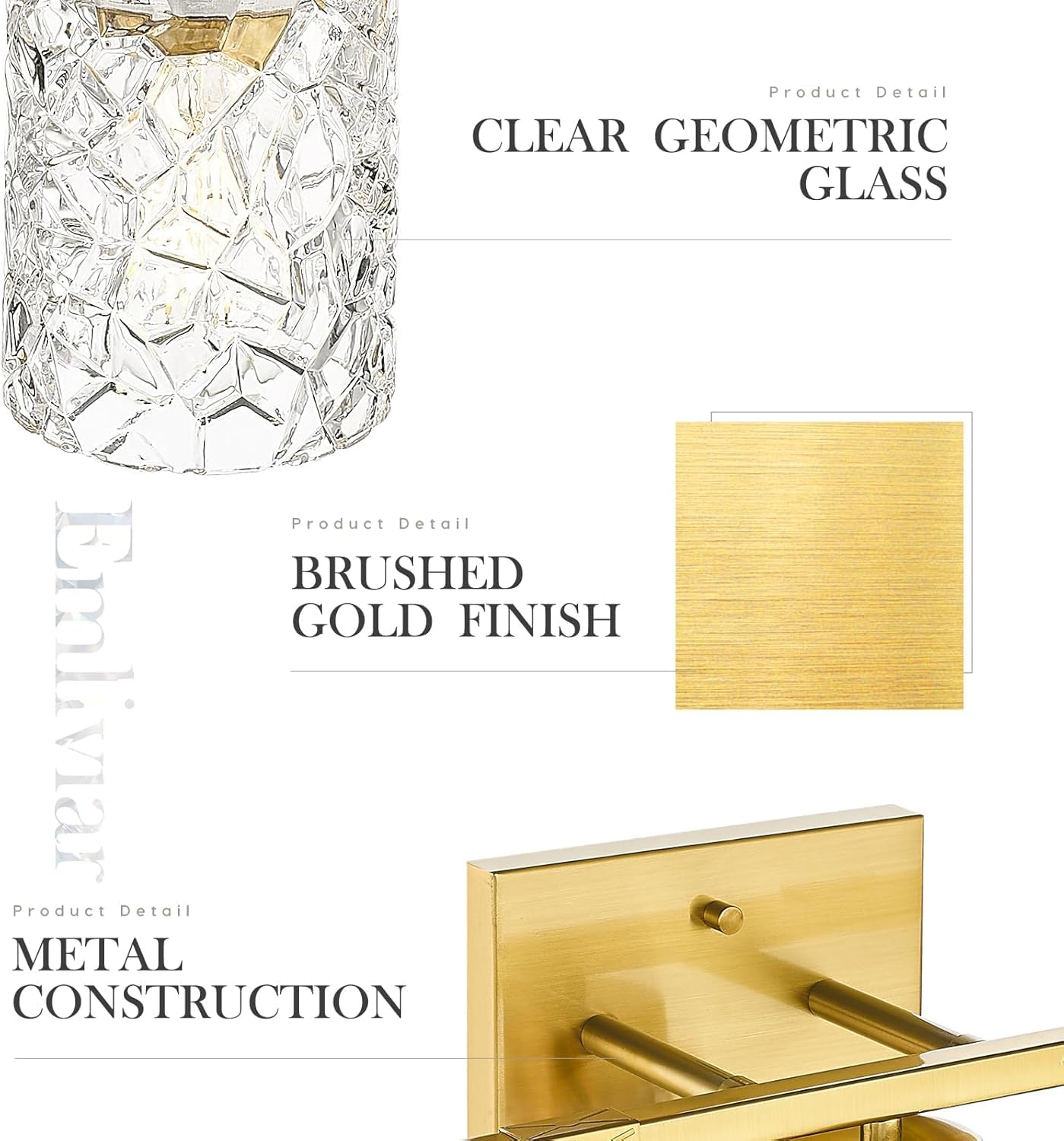 Emliviar 5-Light Brushed Gold Vanity Light With Clear Geometric Glass, 5 Bulb Wall Light Fixture Over Mirror 40 Inch, He294B-5W