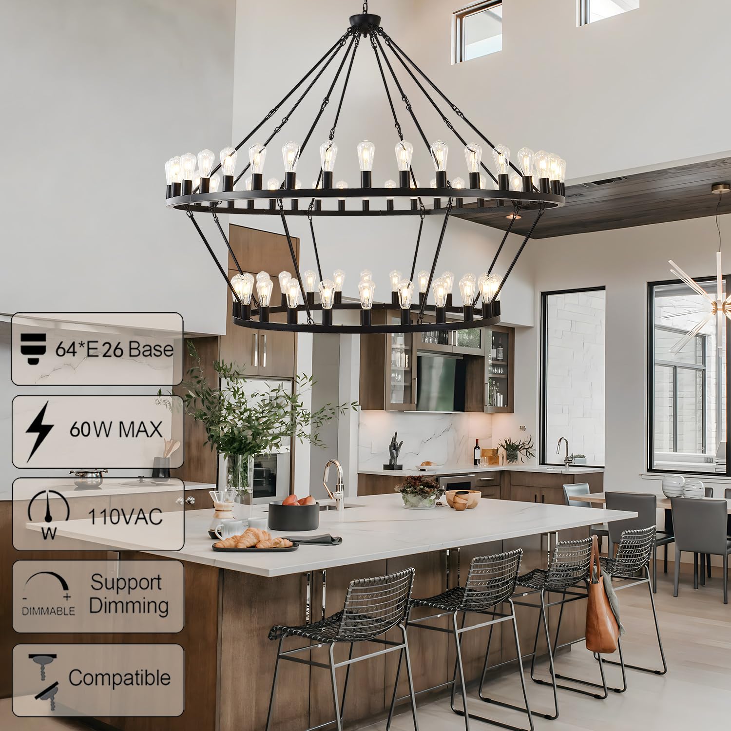 Viksroeo 70 Inch Black Extra Large Wagon Wheel Chandelier, 2 Tier 64-Lights Farmhouse Industrial Round High Ceiling Pendant Ligh