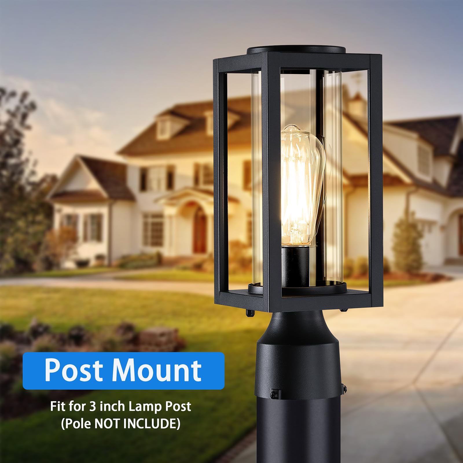 Outdoor Post Lights Lamp Post Light Fixture 2 Pack, Modern Black Exterior Post Lantern Fixture With Tempered Glass, Anti-Rust Al