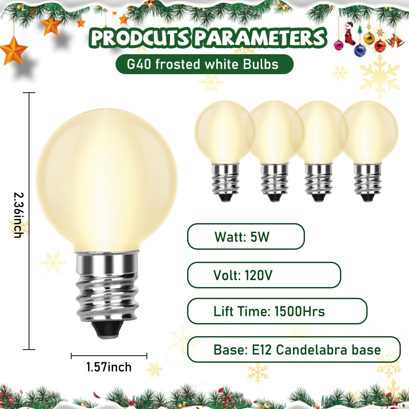 G40 Replacement Light Bulbs, 5 Watt Frosted White Globe Incandescent Bulbs Fits E12 Candelabra Base, Christmas String Lights Bul