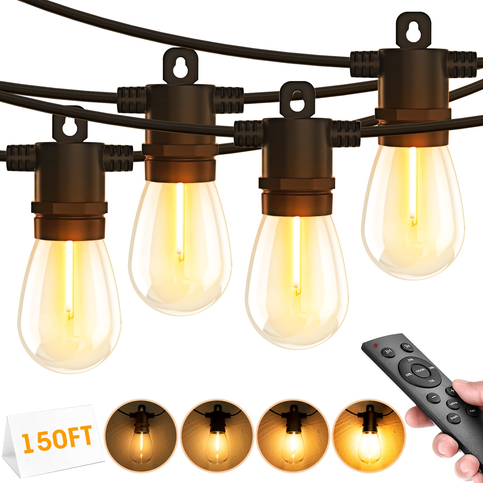 Outdoor String Lights With Remote - Dimmable 150Ft Ip65 Waterproof Patio Lights With Edison Bulbs Hanging Lights Outside For Backyard Garden Porch Deck Balcony