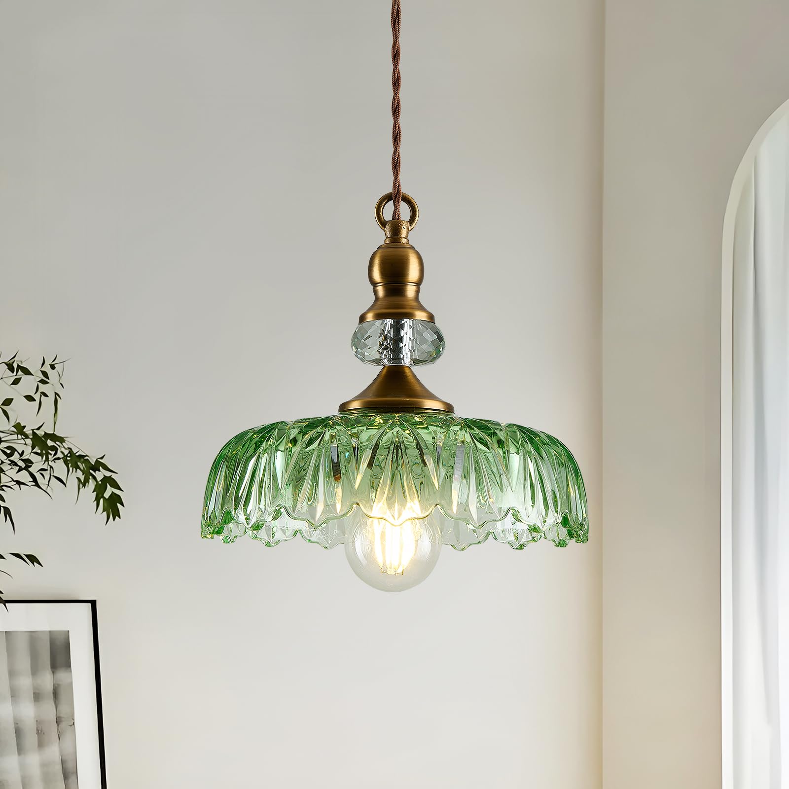 CVKASH Vintage Glass Pendant Light Fixture Green Adjustable Chandelier Modern Gold Hanging Ceiling Light for Farmhouse Dining Ro
