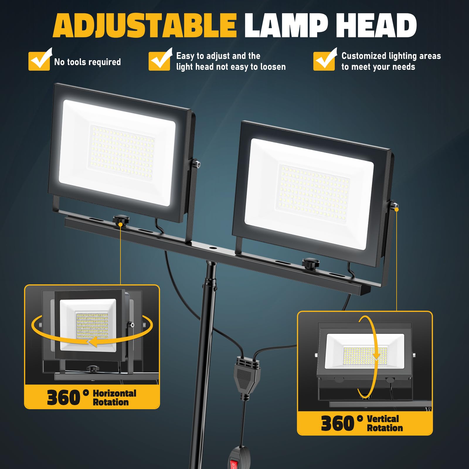 Livowalny 22000 Lm Led Work Light With Stand Pack Of 2  220W 2 Adjustable Head Tower Light With 13Ft Cord  Portable Ip65Waterproof Tripod Flood Light For Job Site Workshop Garage Construction Lighting