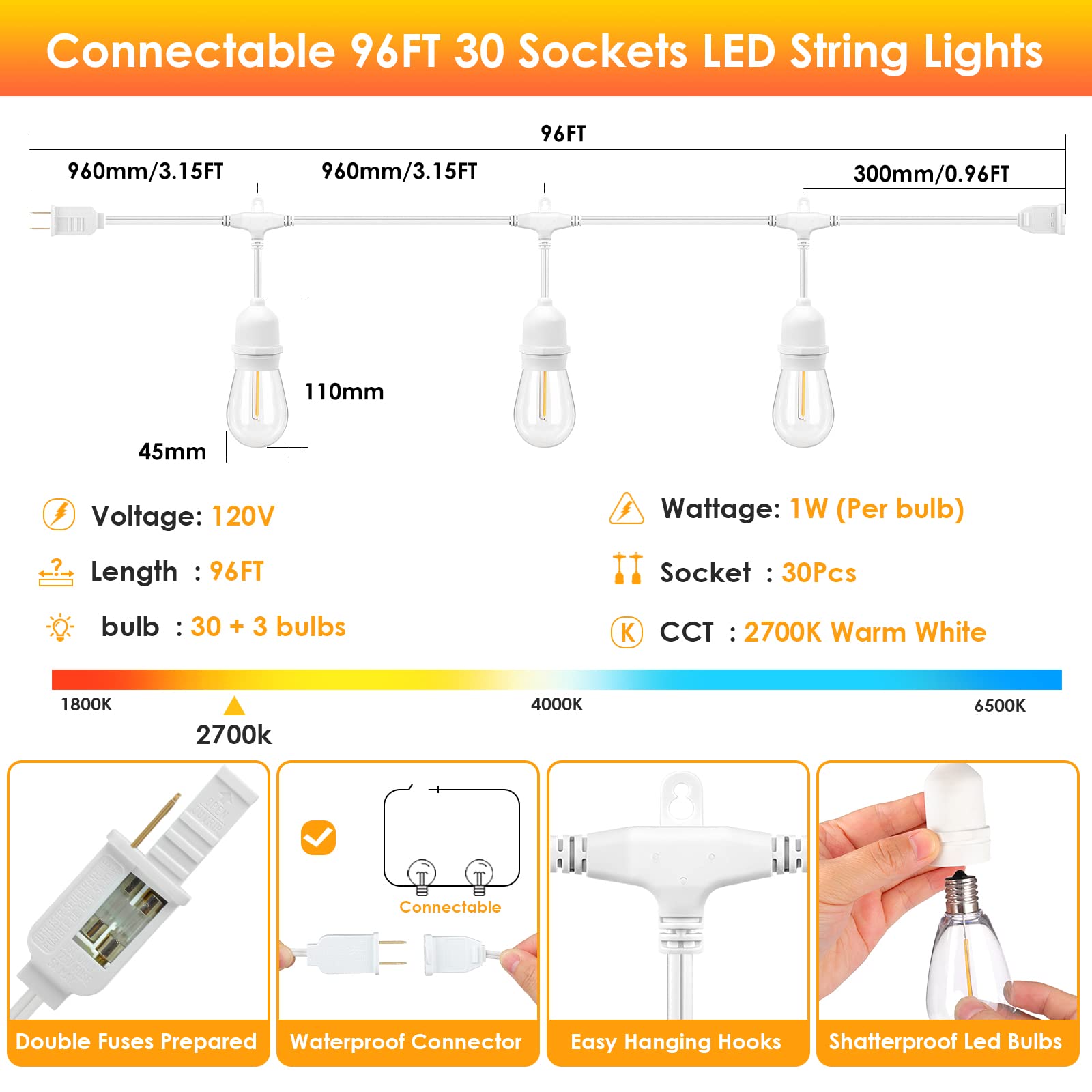 Mlambert White Cord 96Ft Outdoor String Lights With 30+3 Led Plastic Bulbs, Dimmable Waterproof Shatterproof Linkable Patio Ligh