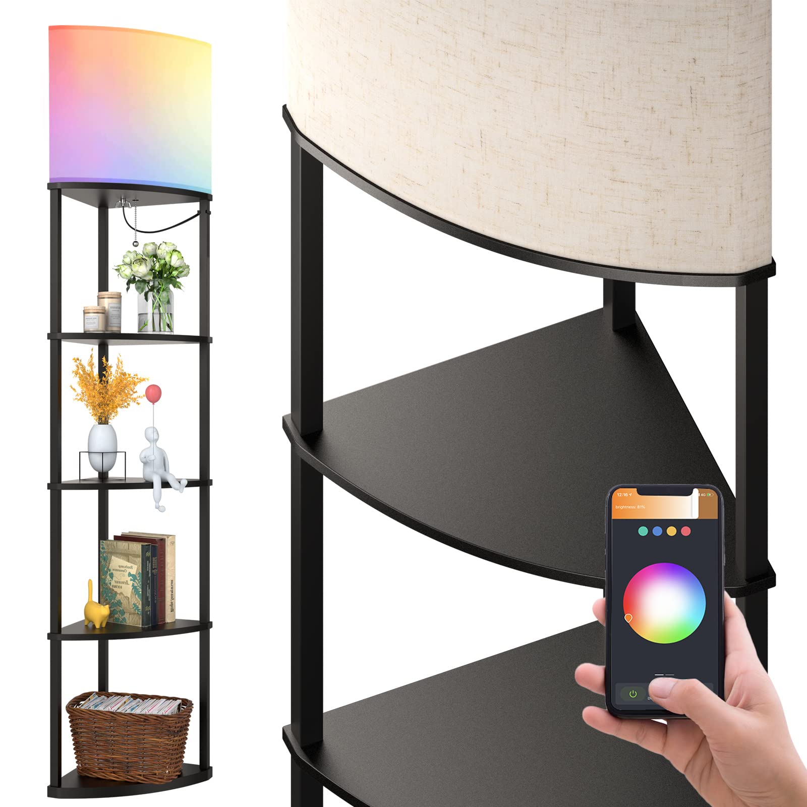 Addlon 5-Tier Corner Shelf Floor Lamp With Type C, Usb Port & 1 Power Outlet And 3Cct Led Bulb, Modern Display Lamp For Narrow C