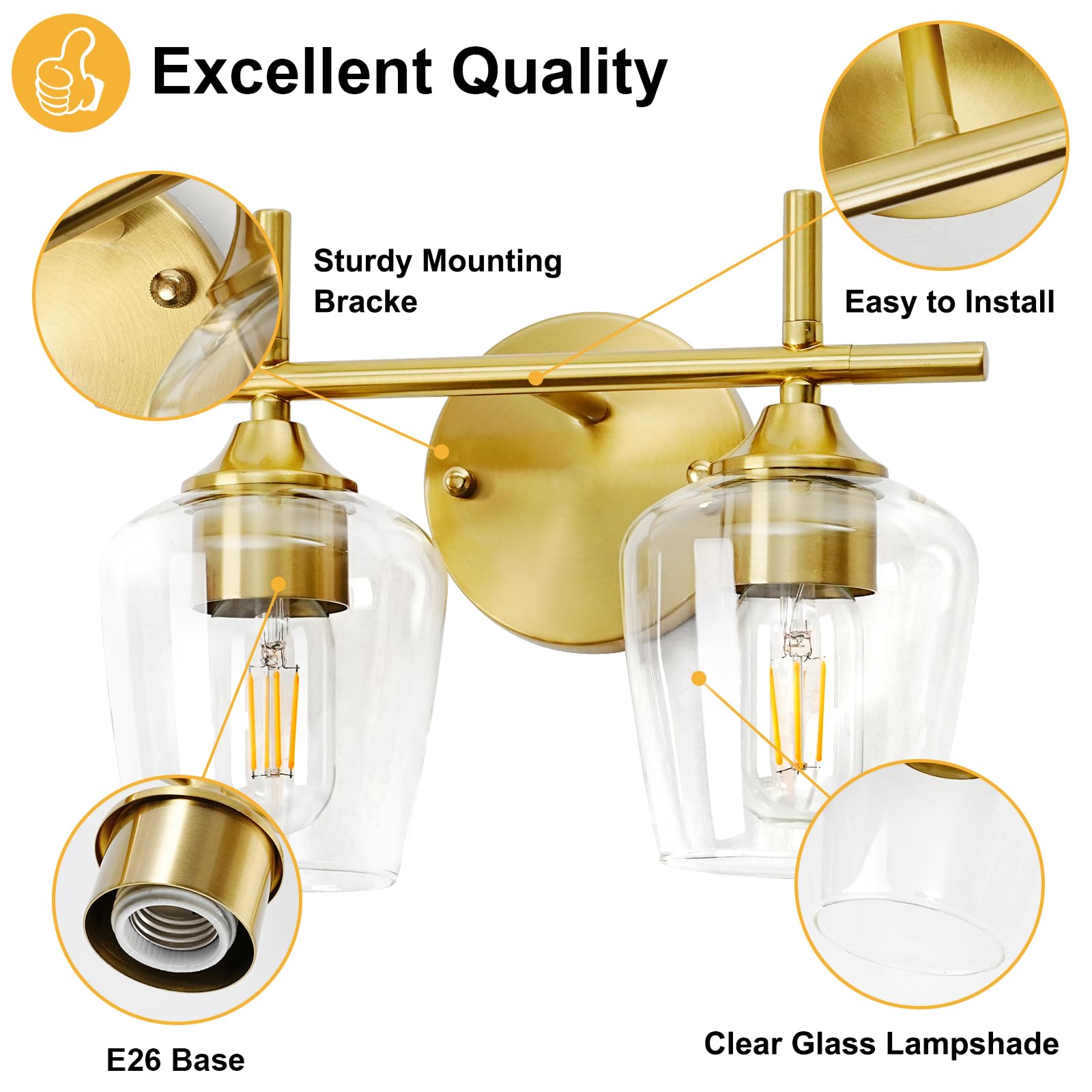 foucasal Bathroom Light Fixture 2-Light Gold Vanity Light, Clear Glass Shade, Brushed Brass, Model ULB0046H-2TONG