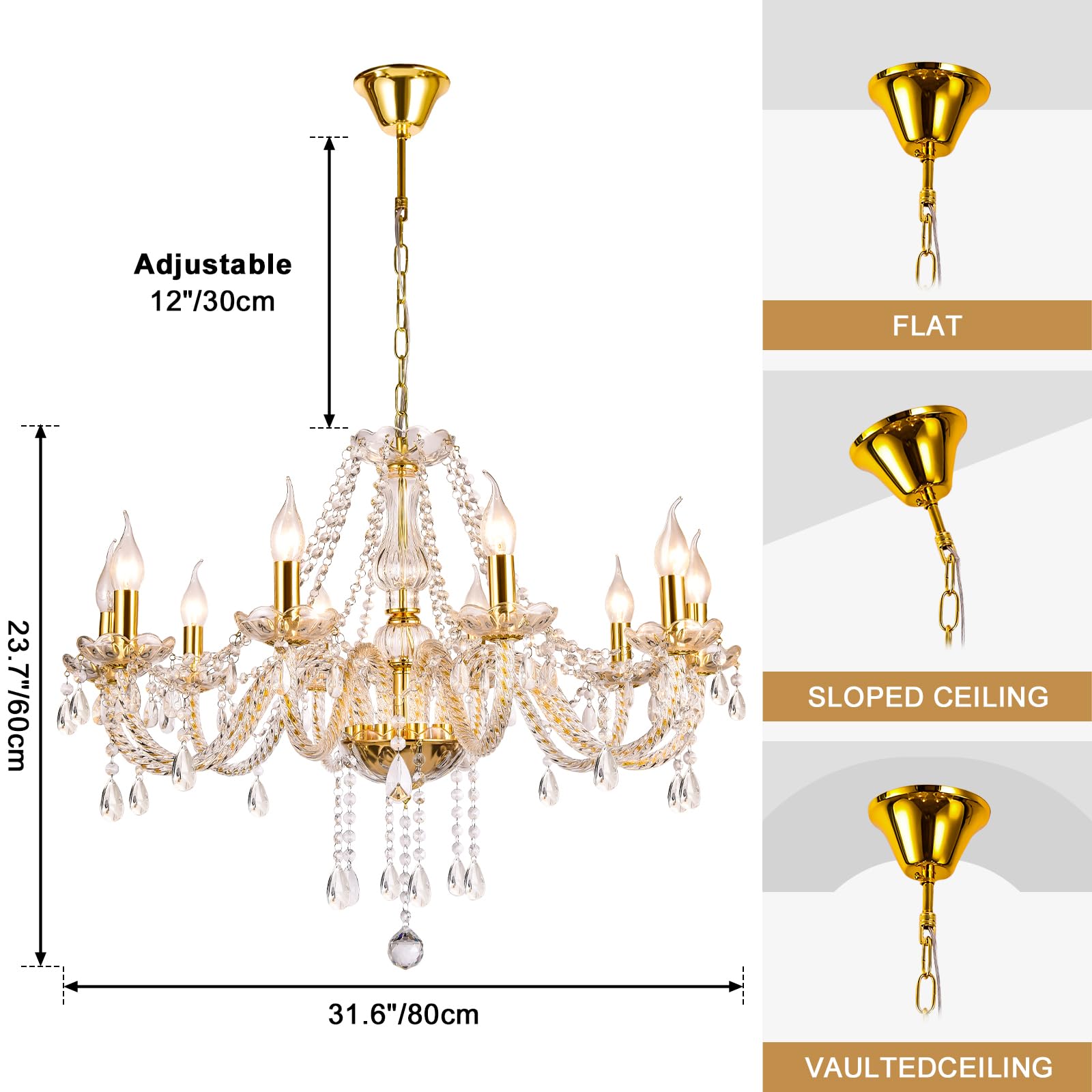 Baotree Modern Elegant 10 Lights K9 Crystal Glass Chandelier Golden Pendant Ceiling Lighting European Style For Dining Living Ro