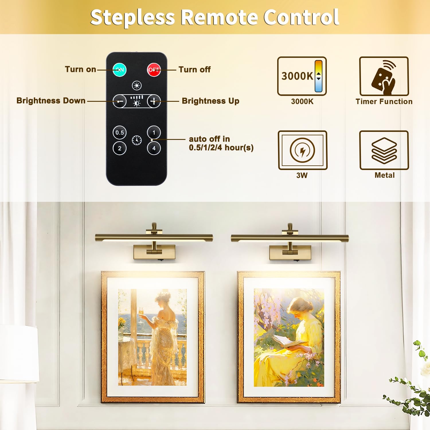 Desoop Battery Operated Picture Light With Remote And Timer, Wireless Art Lights For Paintings Brass Rechargeable Gallery Light
