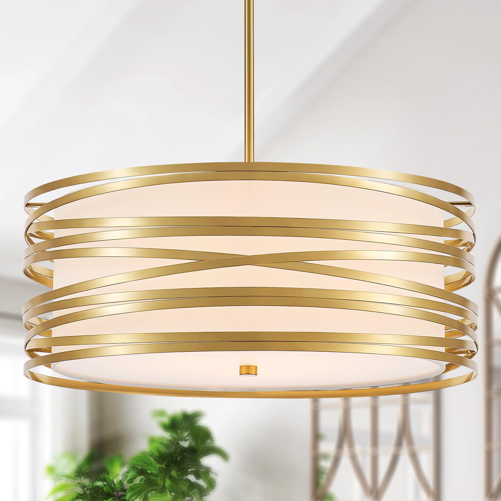 YOMECOO 19.7 Drum Chandelier Light Fixture Vintage Modern 5-Lights Golden Chandelier with White Linen Lampshade Rustic Farmhouse