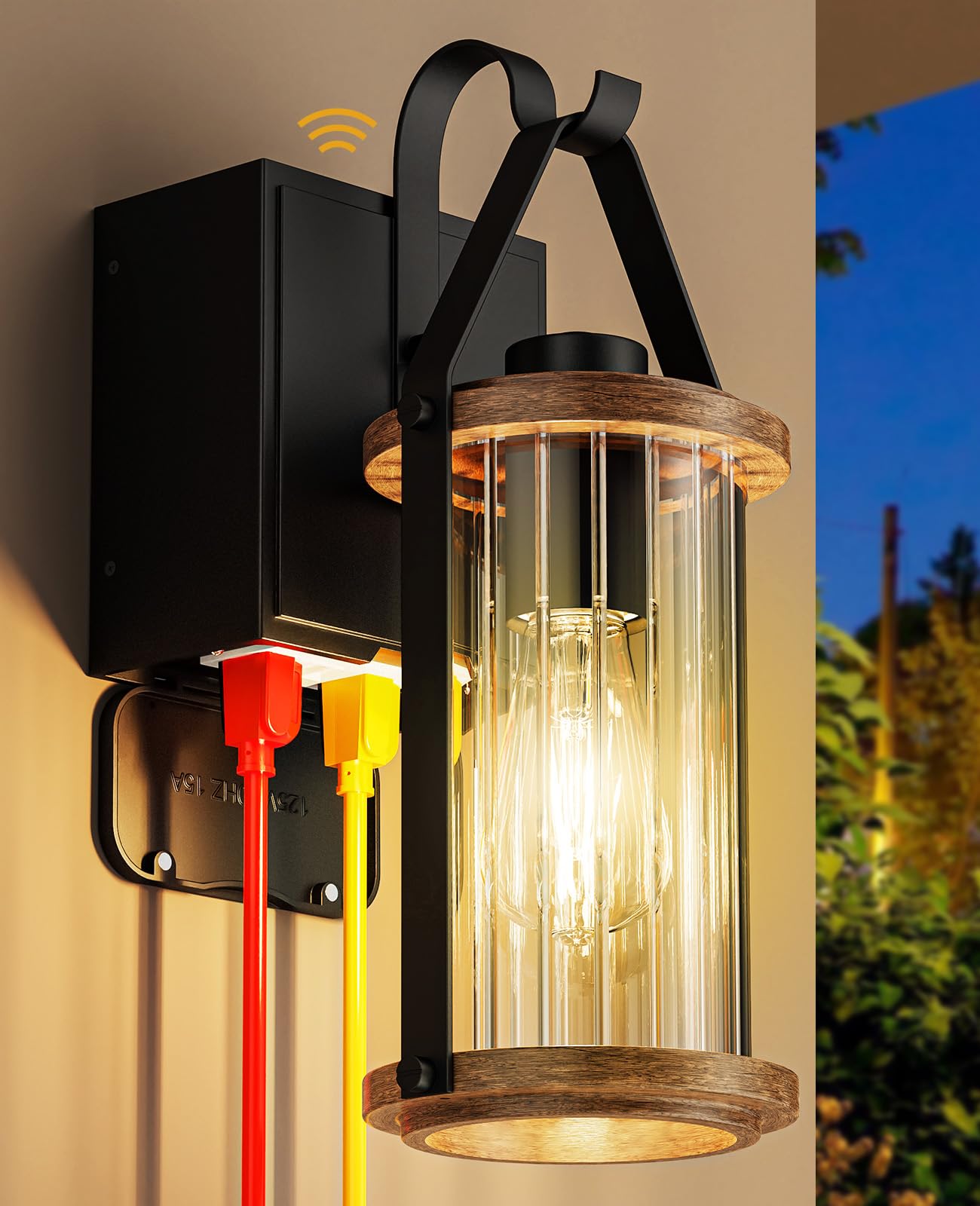 NookNova Porch Light with Outlet GFCI Dusk to Dawn Outdoor Lights for House Waterproof Exterior Lighting Fixtures Wood Look Glas