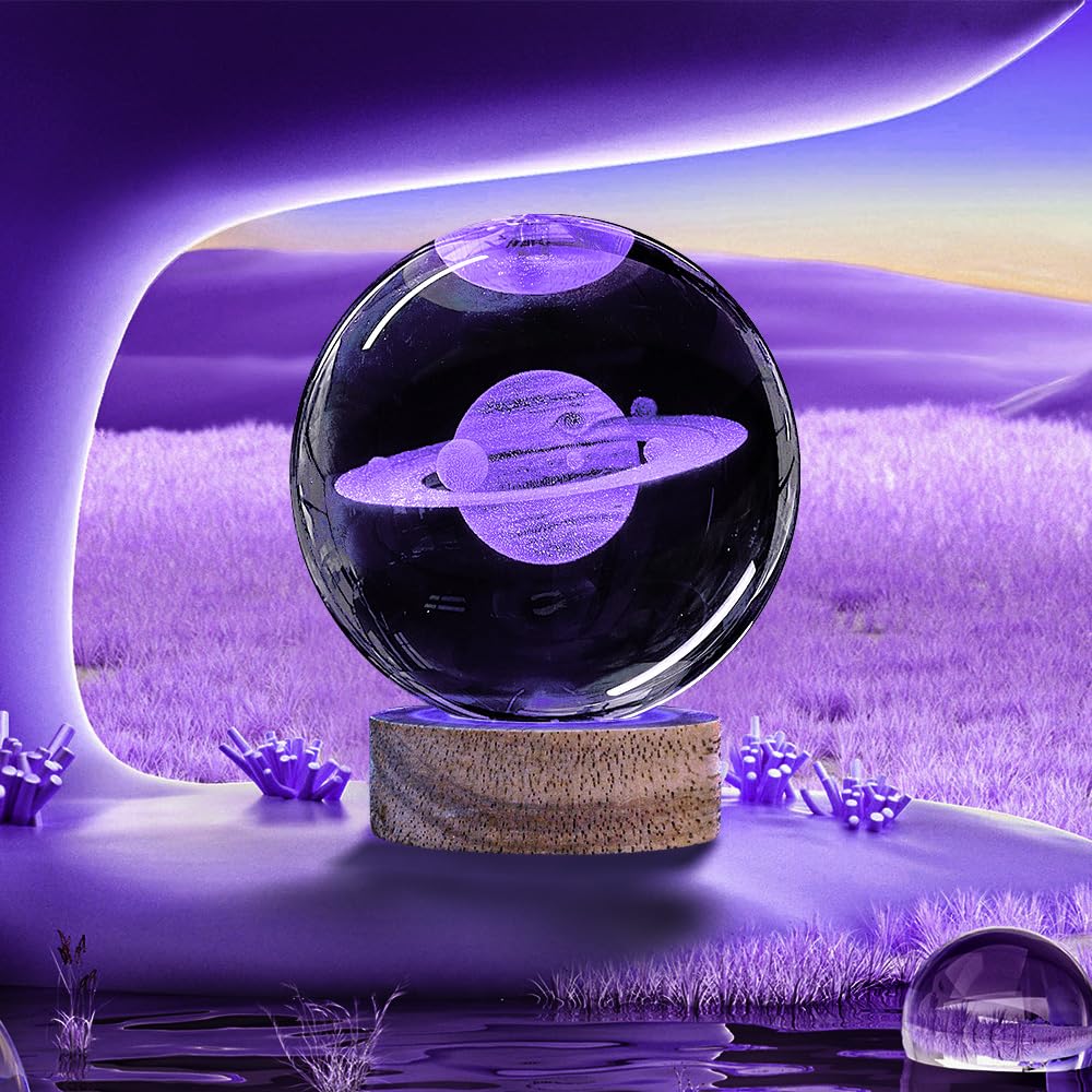 3D Saturn Crystal Ball Night Light With Woodern Base, 3.15 In Galaxy Planets Glass Ball Lamp With 16 Colors And Remote Control C