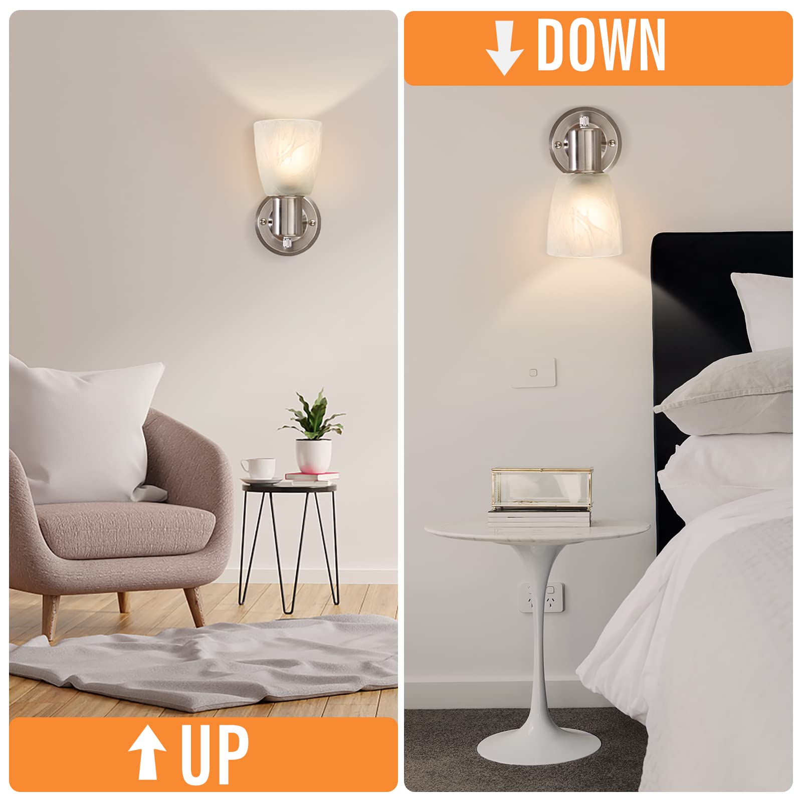 Wall Sconces Set Of 2, Brushed Nickel Vanity Lights For Bathroom, Modern Wall Light Fixtures With Rotary Switch, Wall Mount Ligh