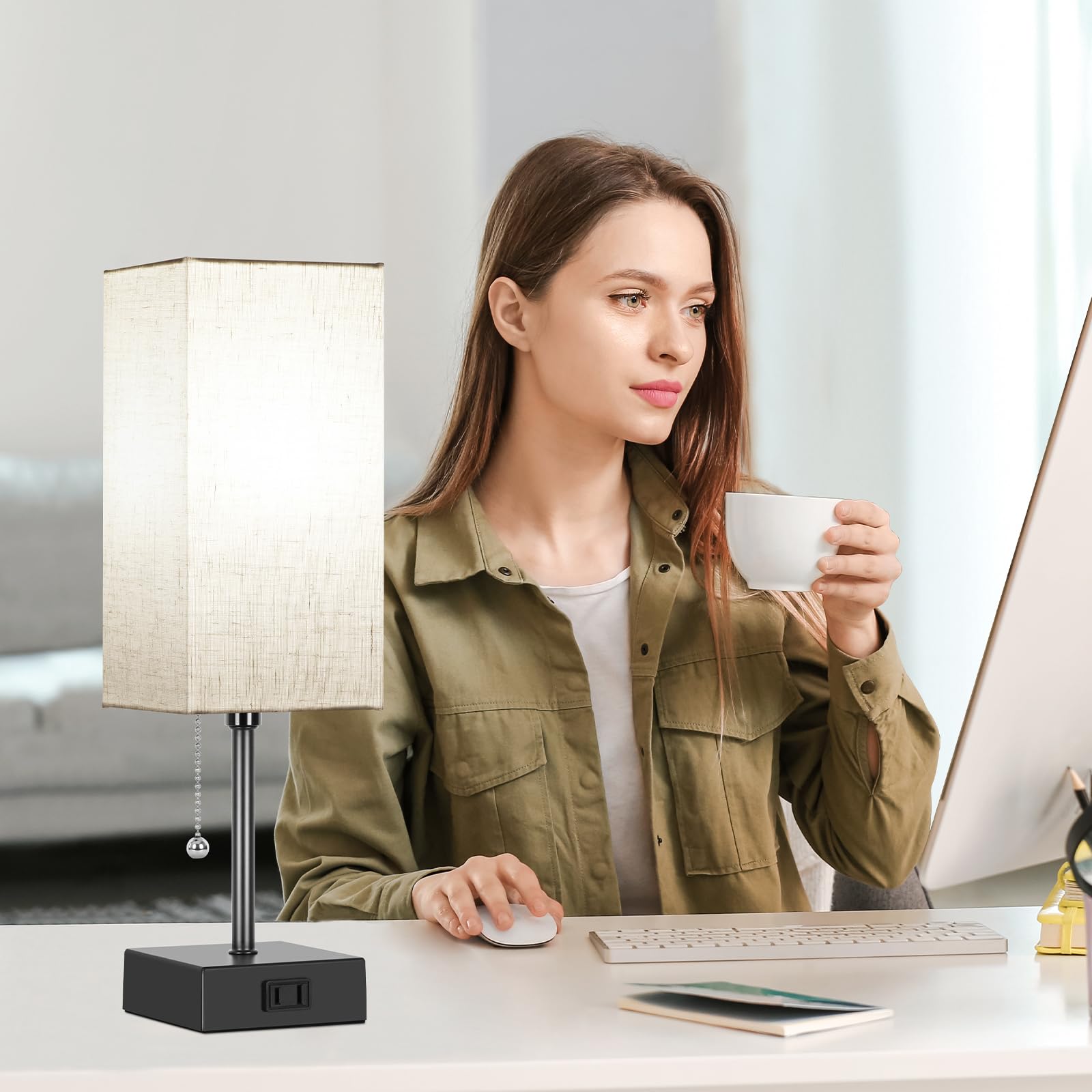 Table Lamp For Bedroom Set Of 2,3-Color Bedside Lamps With Pull Chain Table Lamps For Nightstand With Ac Outlets,Night Light Lam