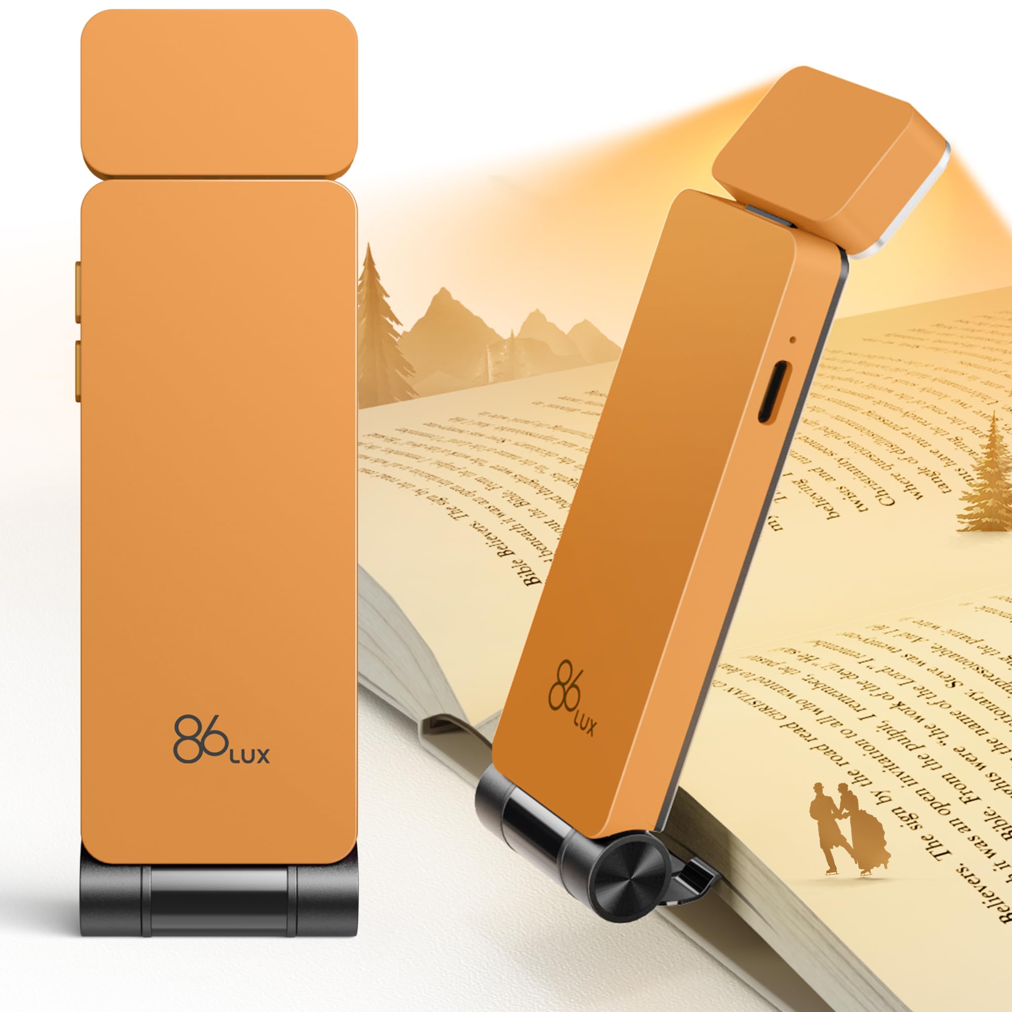86lux Book Light, Rechargeable Reading Lights for Books in Bed, Ultralight Clip-on LED Bookmark Lamp with 3 Amber Colors & Stepless Dimming for Night Reading for Book Lovers, Kids, Papaya Orange