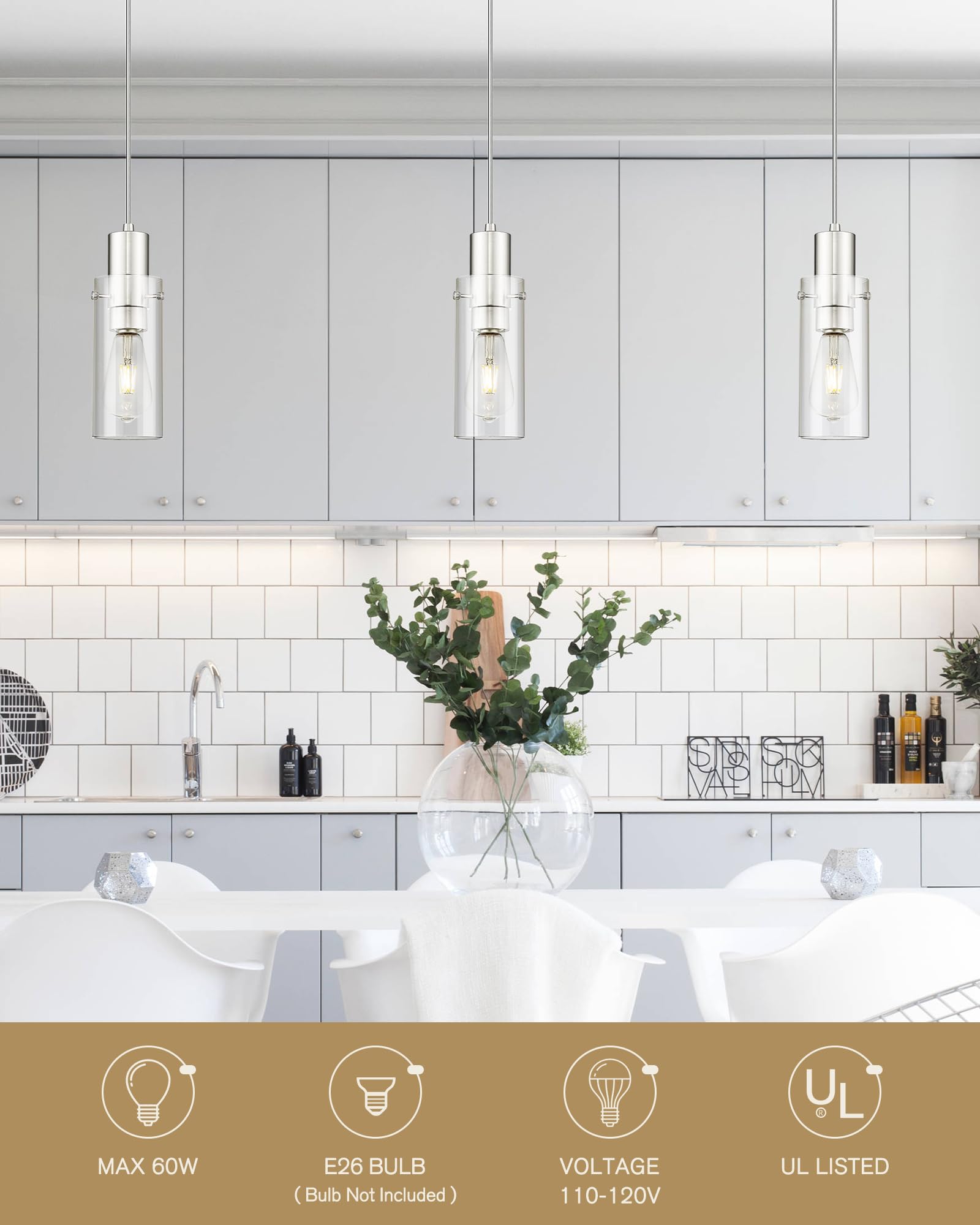 Emak Brushed Nickel Pendant Light Fixtures, Modern Mini Pendant Lights Kitchen Island With Clear Glass Shade, 2 Pack Hanging Lig