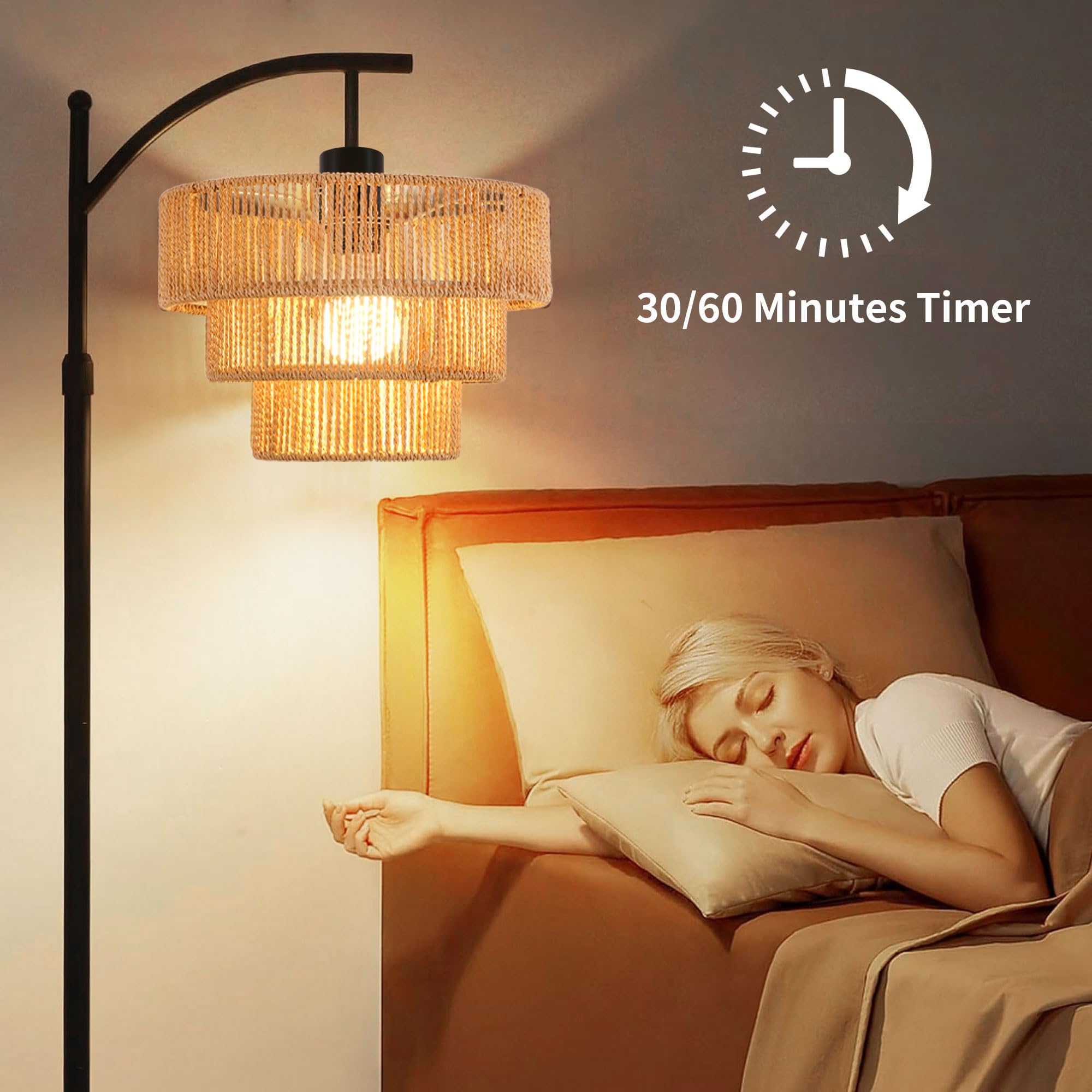 Boho Floor Lamp For Living Room Bedroom With Remote,Arc Farmhouse Floor Lamps With 3 Color Temperature,Rustic Standing Lamp With