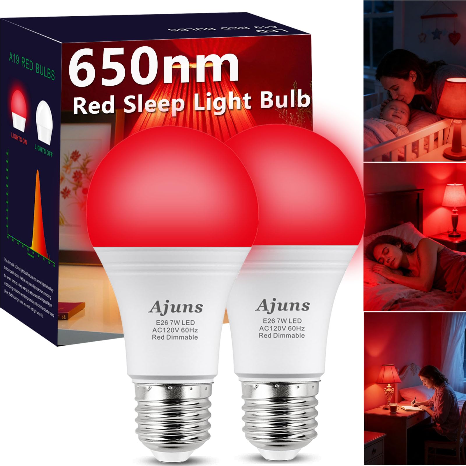Ajuns LED Red Sleep Light Bulb Dimmable  100% Blue Light Blocking Bulb 650nm Promoting Melatonin Red Light Bulbs  A19 7W E26 Base Dim Light Bulbs for Bedroom  Baby Nursery 2 Packs