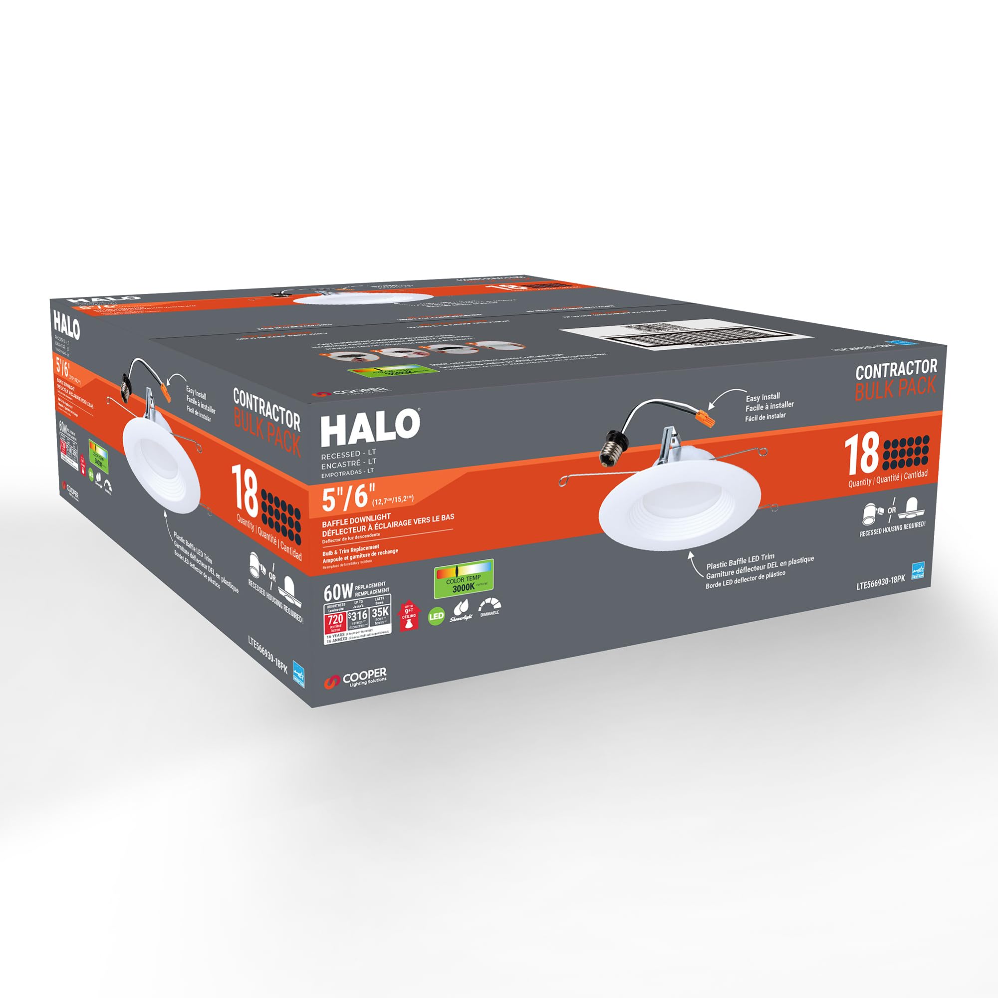 HALO LED Recessed Lighting, 18 Pack, Dimmable, 3000K Bright White, 9W=75W, 720 Lumens, Wet Rated, Model LTE566