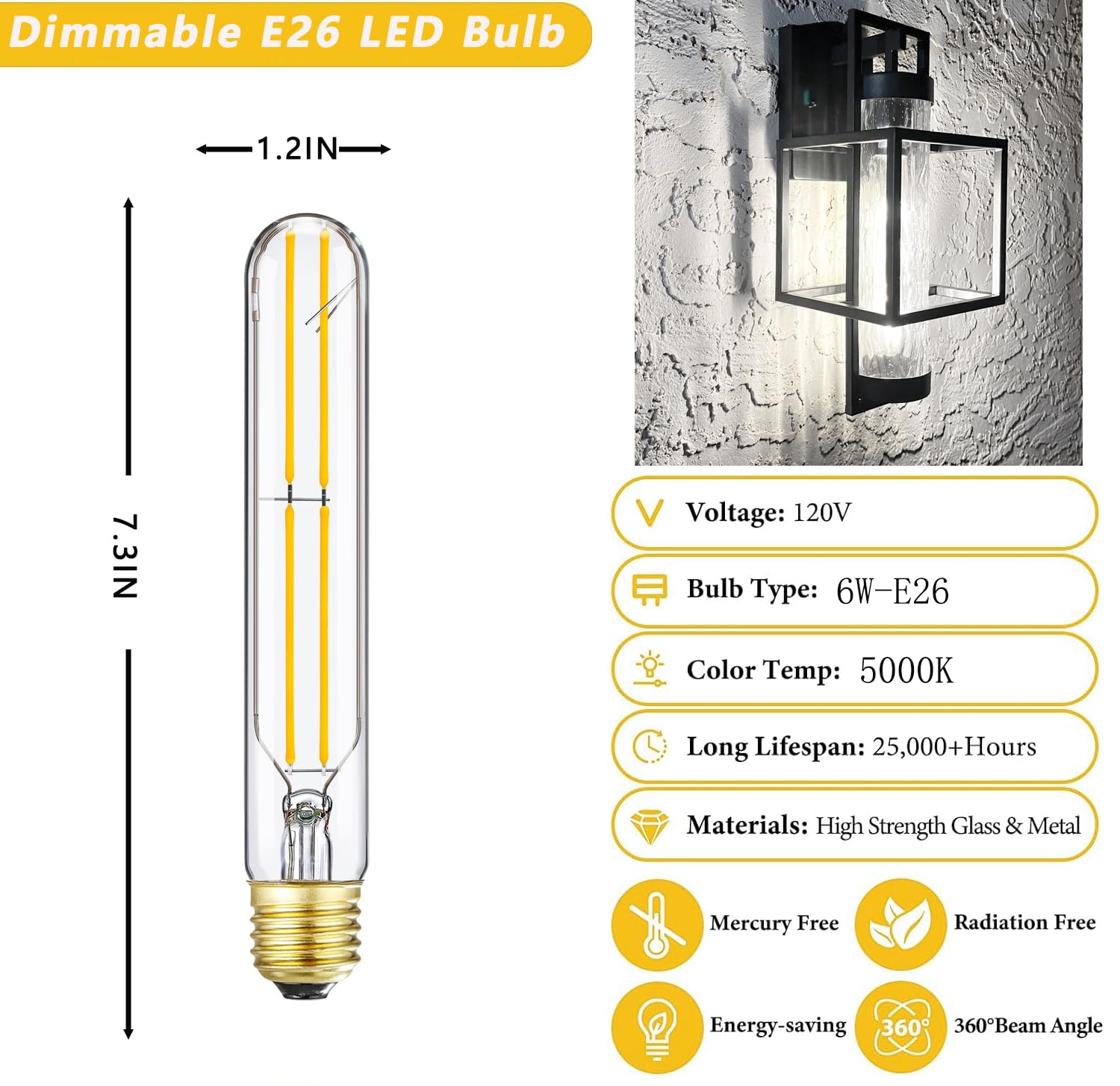 Homosum T10 Tubular Light Bulb 5000K Daylight,Dimmable E26 Led Bulb 6W 60 Watts Edison Bulbs,7.3 Inch,Ac120V,600Lm, Long Led For